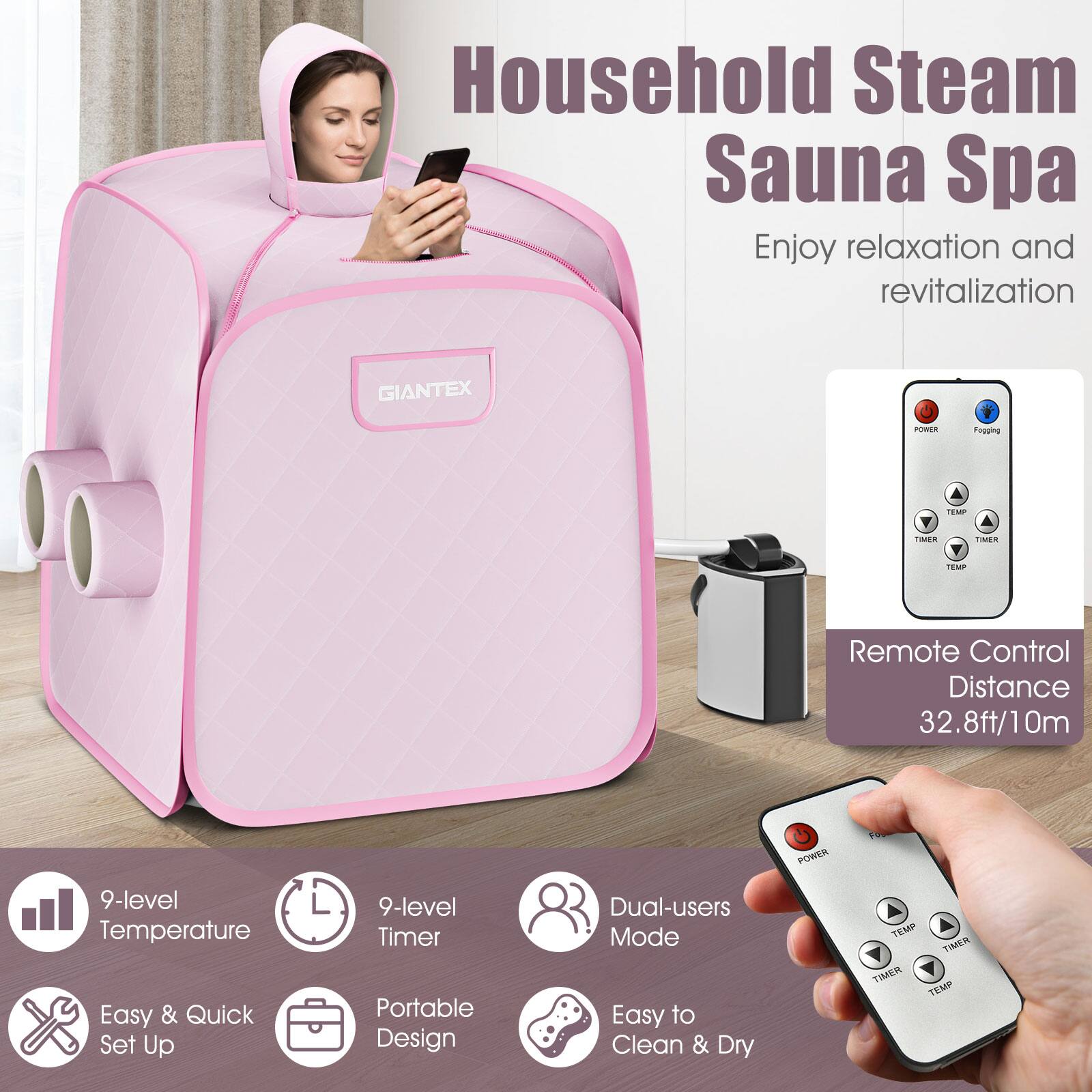 Household Steam Sauna Spa: Enjoy relaxation and revitalization with the Giantex Portable Steam Sauna Spa. Featuring a 9-level temperature control, 9-level timer, and a remote control with a 32.8ft/10m distance range, this spa is easy and quick to set up. The portable design and dual-users mode make it convenient for use at home or on the go. Additionally, the spa is easy to clean and dry, ensuring a hygienic and comfortable experience.