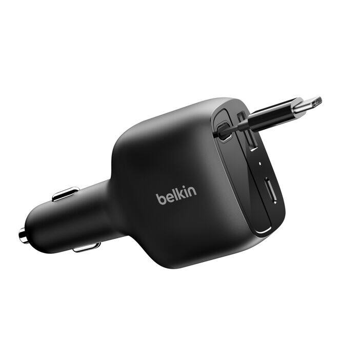 Front. Belkin - BoostCharge Retractable Car Charger 75W - Black.