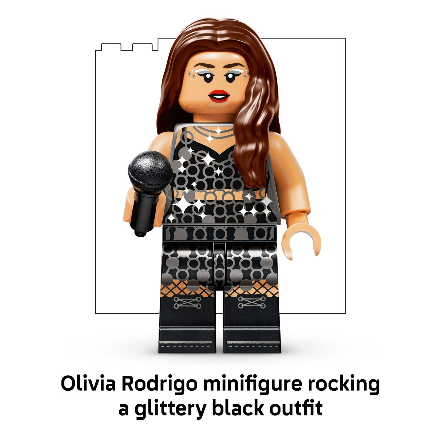 Olivia Rodrigo minifigure rocking a glittery black outfit