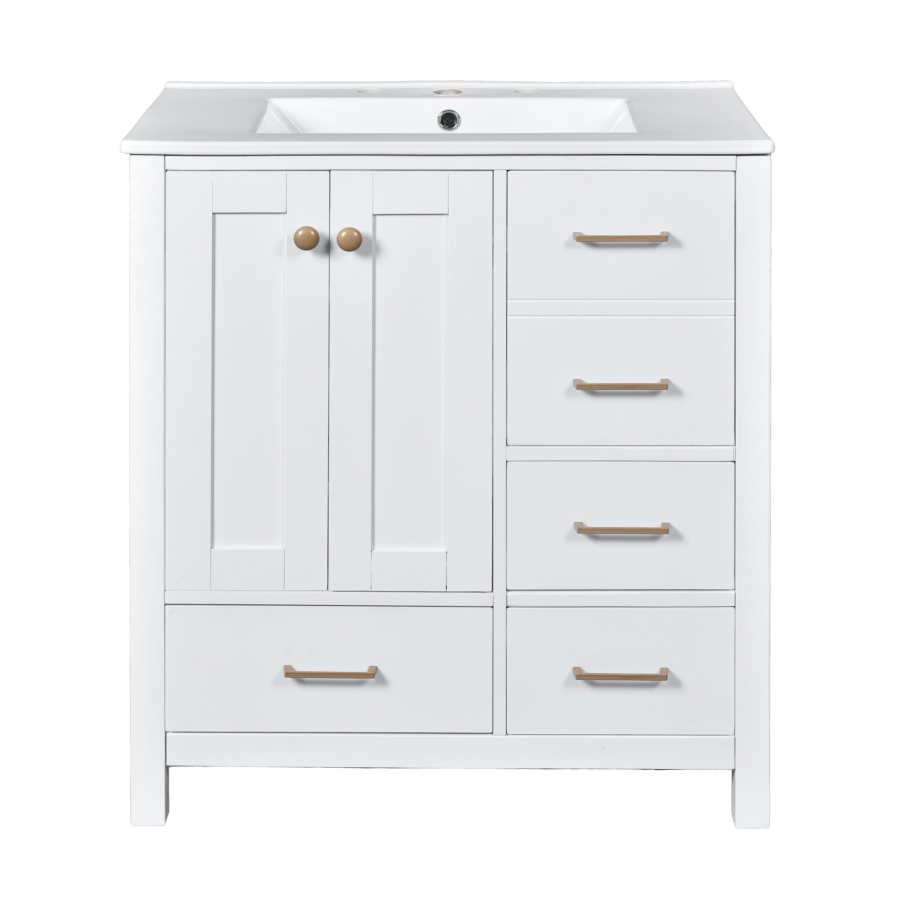 Boyel Living - 30 Inch Modern Bathroom Vanity with Ceramic Sink 4 Drawers 1 Cabinet - White
