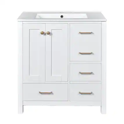 Front. Boyel Living - 30 Inch Modern Bathroom Vanity White with Ceramic Sink 4 Drawers 1 Cabinet - White.
