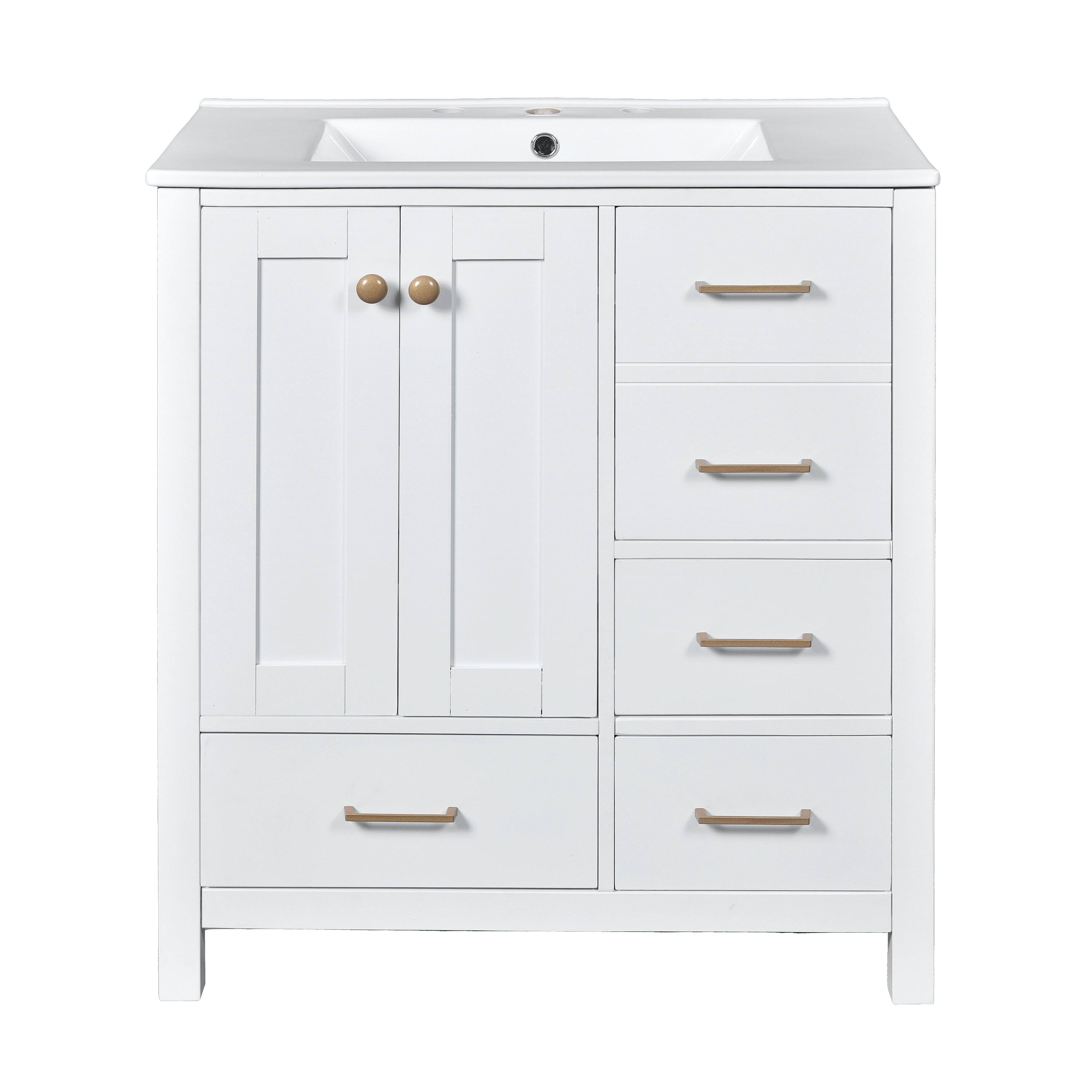 Front. Boyel Living - 30 Inch Modern Bathroom Vanity White with Ceramic Sink 4 Drawers 1 Cabinet - White.