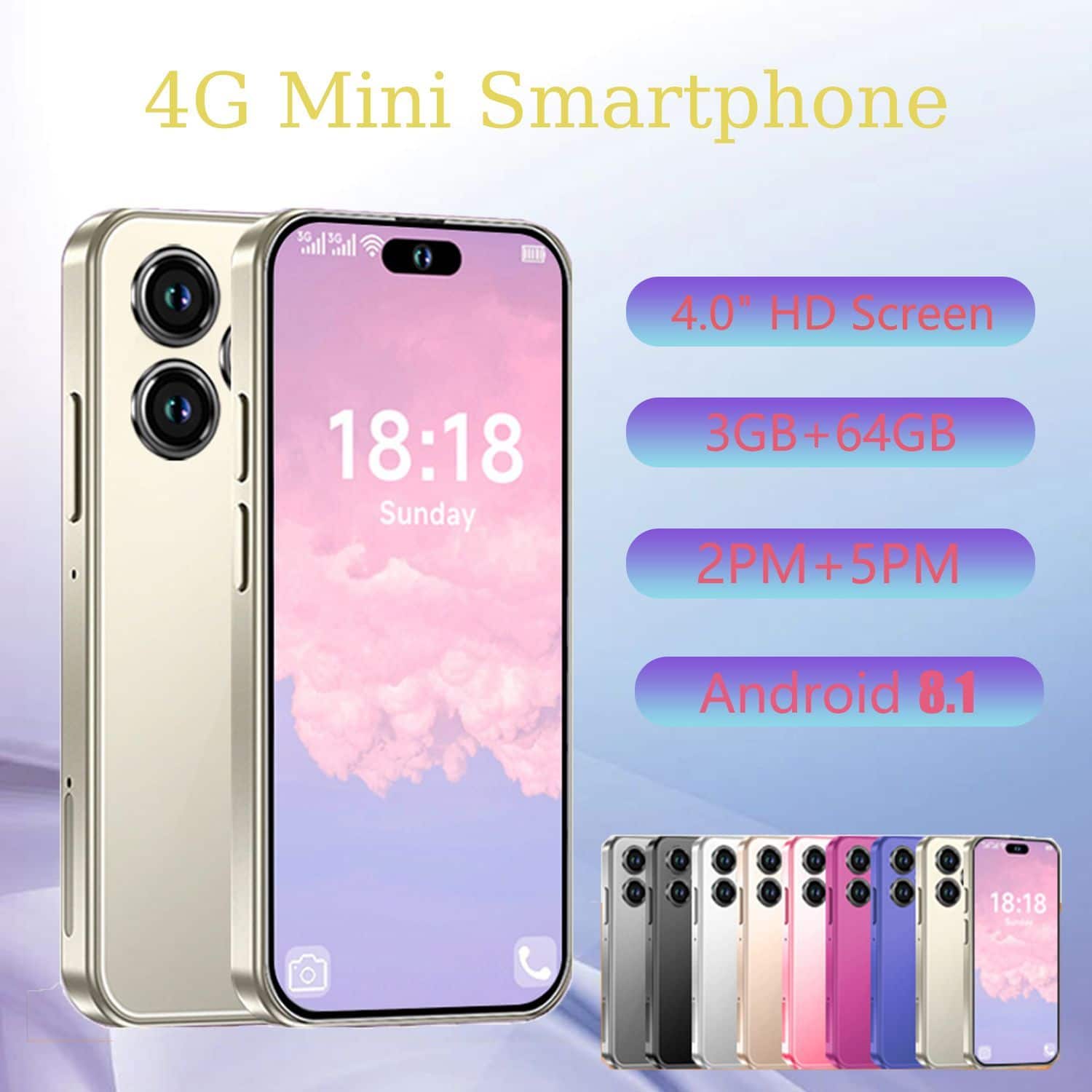 Loheer - Mini Smartphone Unlocked 4 Inch Android Phone Dual SIM Small Cell Phone with Face ID GPS for Kids and Youngsters - Gold