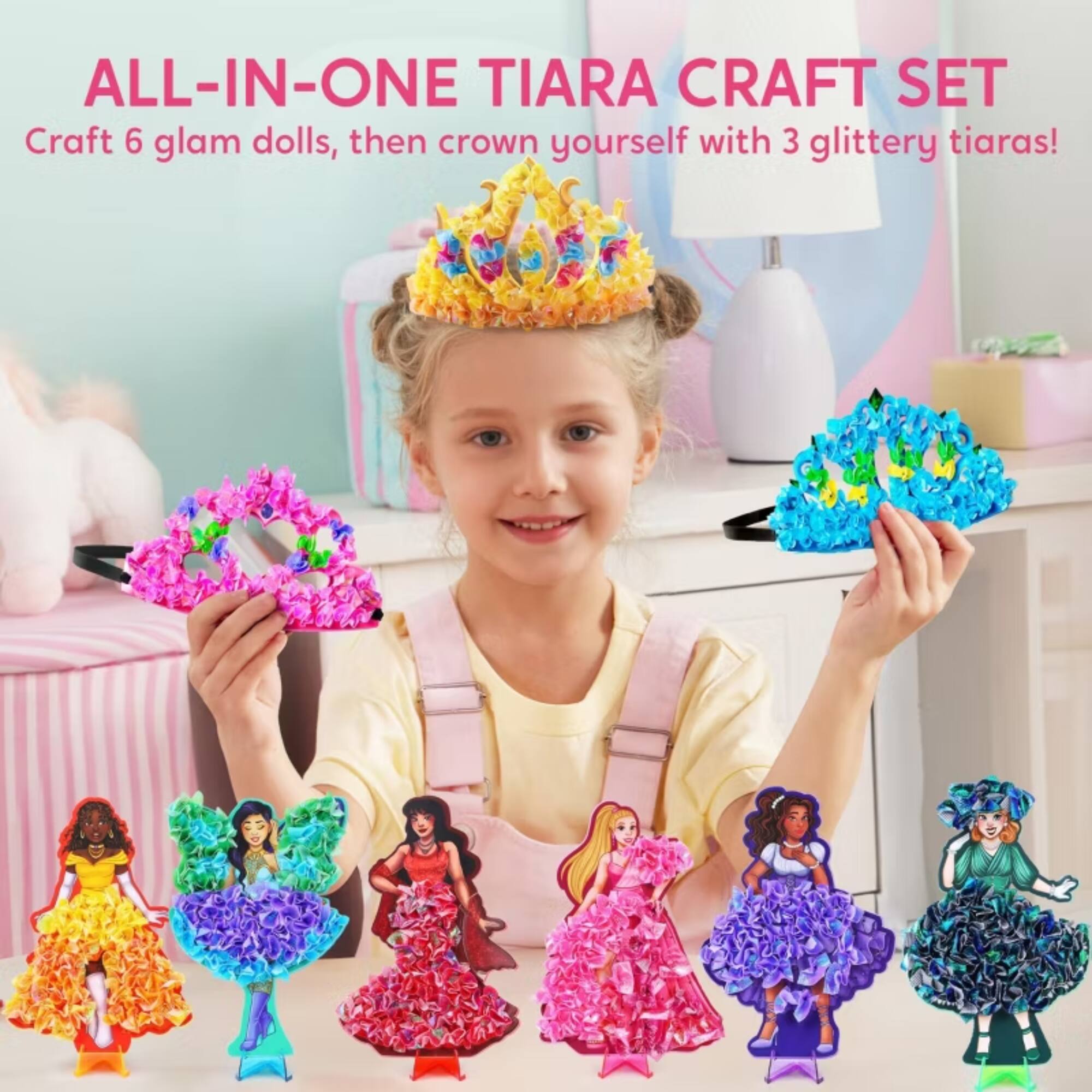 ALL-IN-ONE TIARA CRAFT SET  
Craft 6 glam dolls, then crown yourself with 3 glittery tiaras!