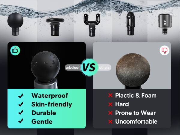 arboleaf VS others

Waterproof  
Skin-friendly  
Durable  
Gentle  

Plastic & Foam  
Hard  
Prone to Wear  
Uncomfortable