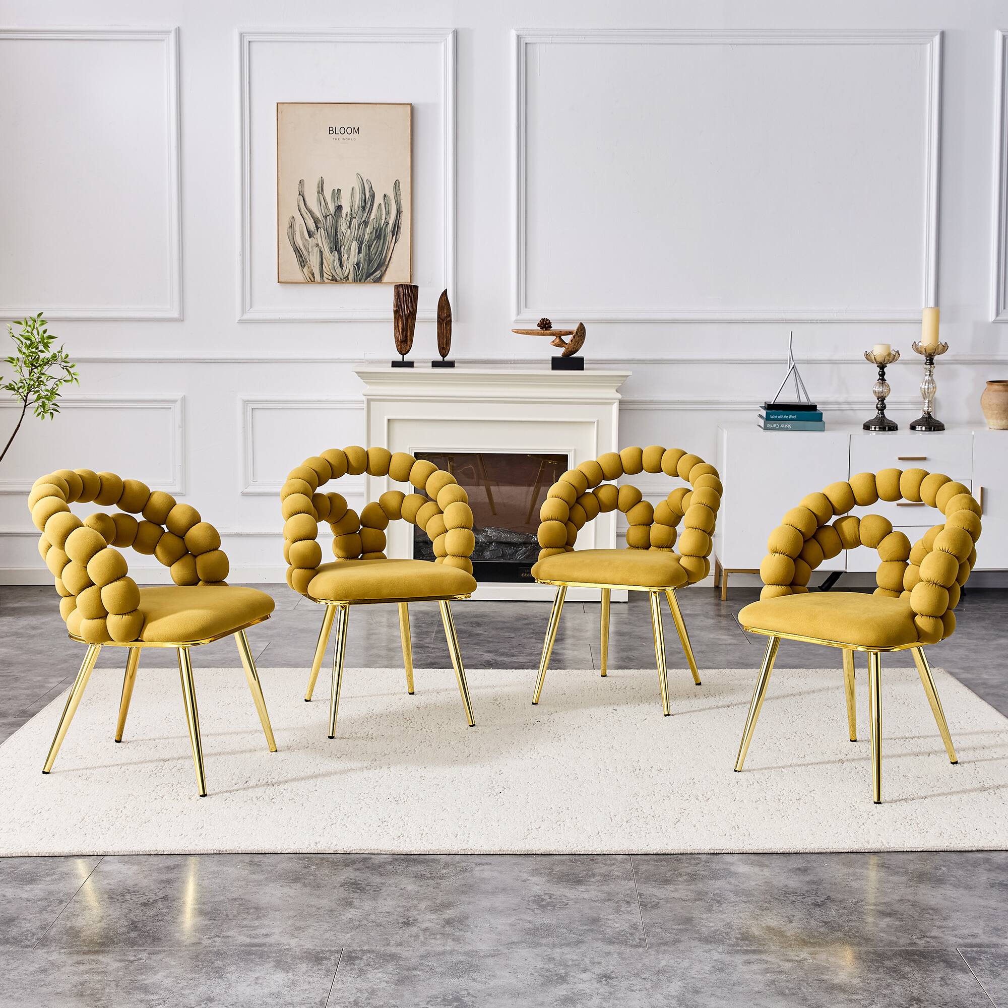 Angle. Loheer - Loheer Set of 4 Dining Chairs Yellow Velvet Bubble Back Accent Chairs with Gold Legs for Dining Room Kitchen 1.92 ft - Gold,Yellow.