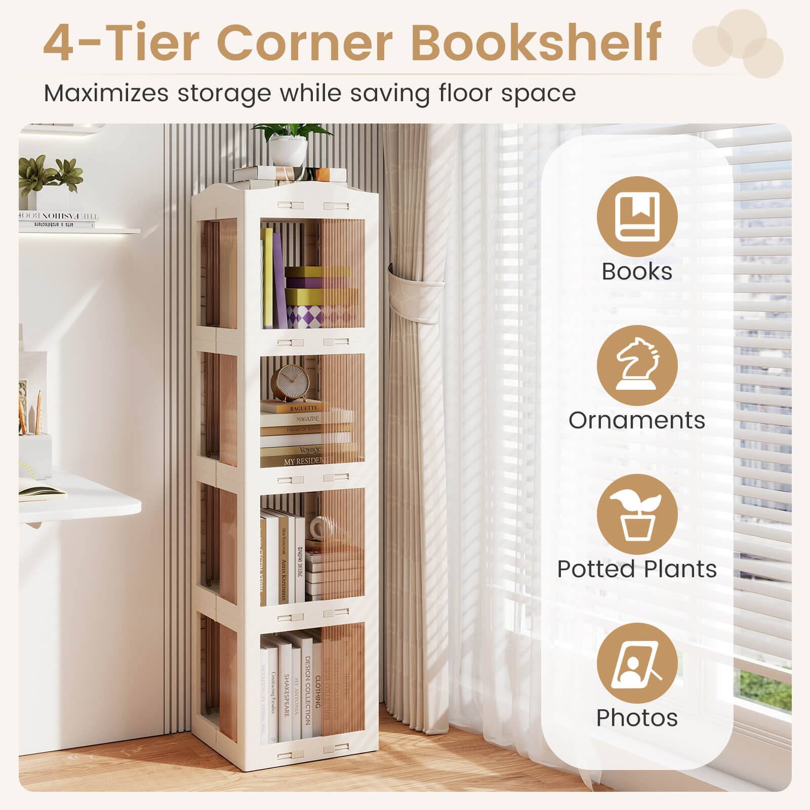 4-Tier Corner Bookshelf  
Maximizes storage while saving floor space  

- Books  
- Ornaments  
- Potted Plants  
- Photos