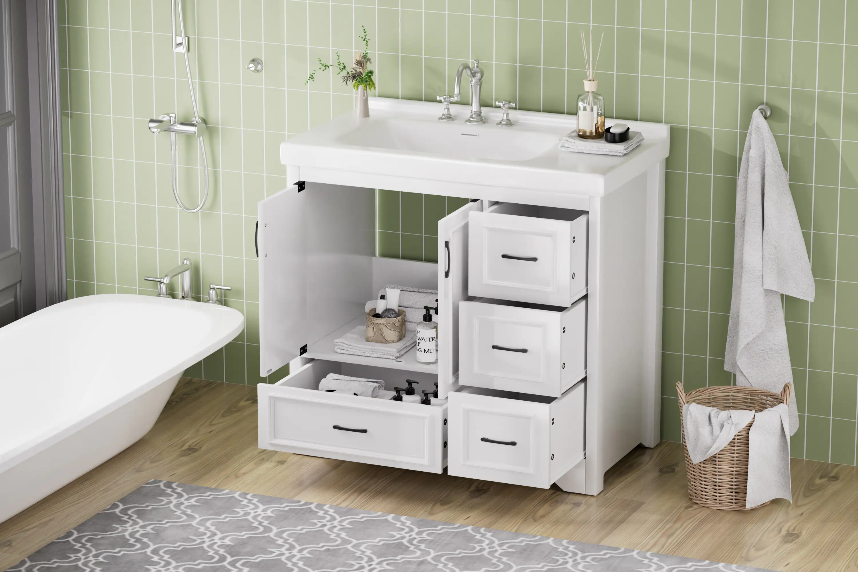 Back. Tiramisubest - 36" Bathroom Vanities with Single Sink, Bathroom Sink Cabinet with 2 Closing Doors & 4 Drawers. White - White.