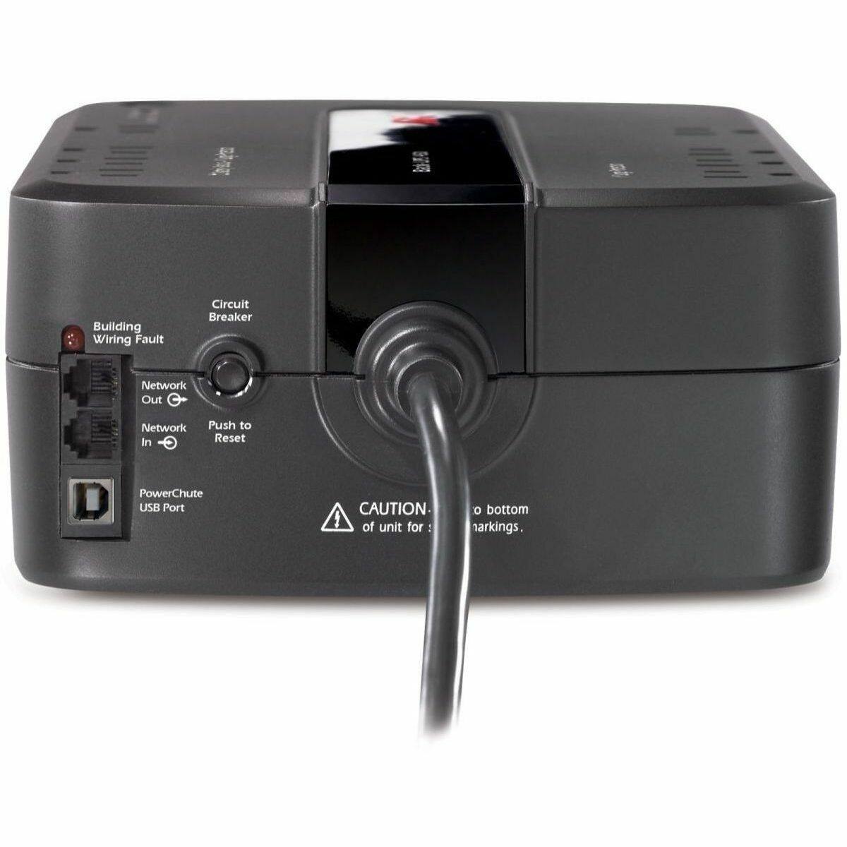 - Building Wiring Fault
- Circuit Breaker
- Network Out
- Network In
- Push to Reset
- PowerChute USB Port
- CAUTION: Check bottom markings.