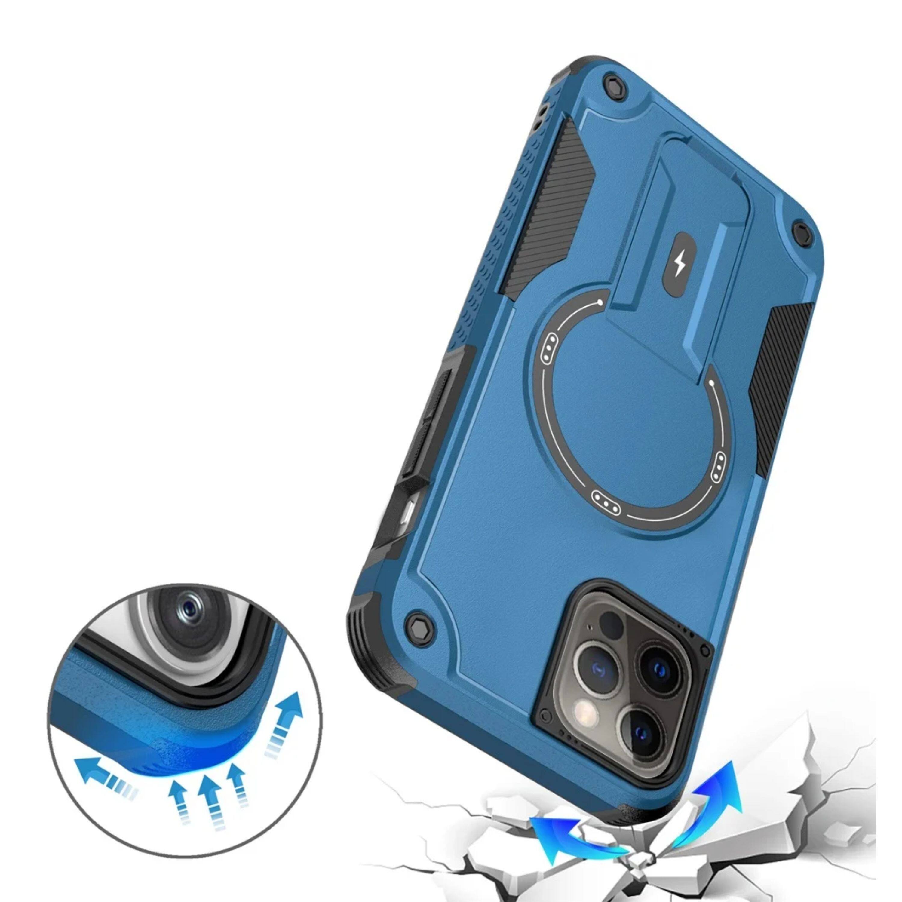 Back. Kitcheniva - Magnetic Circle Rugged Grip Kickstand Phone Case With Tempered Glass For iPhone 12/12 Pro Blue - Blue.