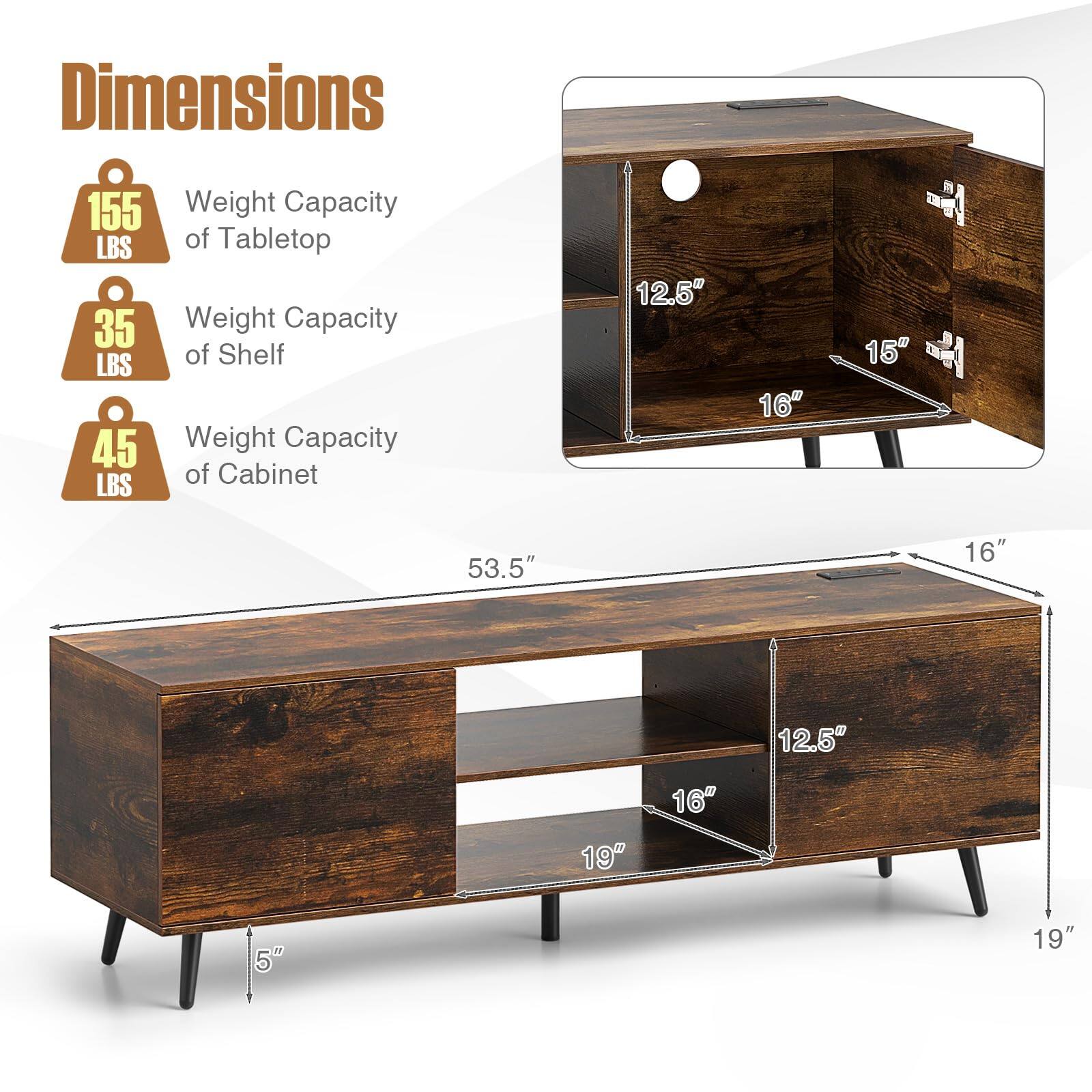 Dimensions  
- Weight Capacity of Tabletop: 155 LBS  
- Weight Capacity of Shelf: 35 LBS  
- Weight Capacity of Cabinet: 45 LBS  

Dimensions:  
- Length: 53.5"  
- Width: 19"  
- Height: 16"  
- Shelf Depth: 16"  
- Cabinet Depth: 12.5"  
- Drawer Height: 5"  
- Drawer Width: 12.5"  
- Drawer Height: 15"