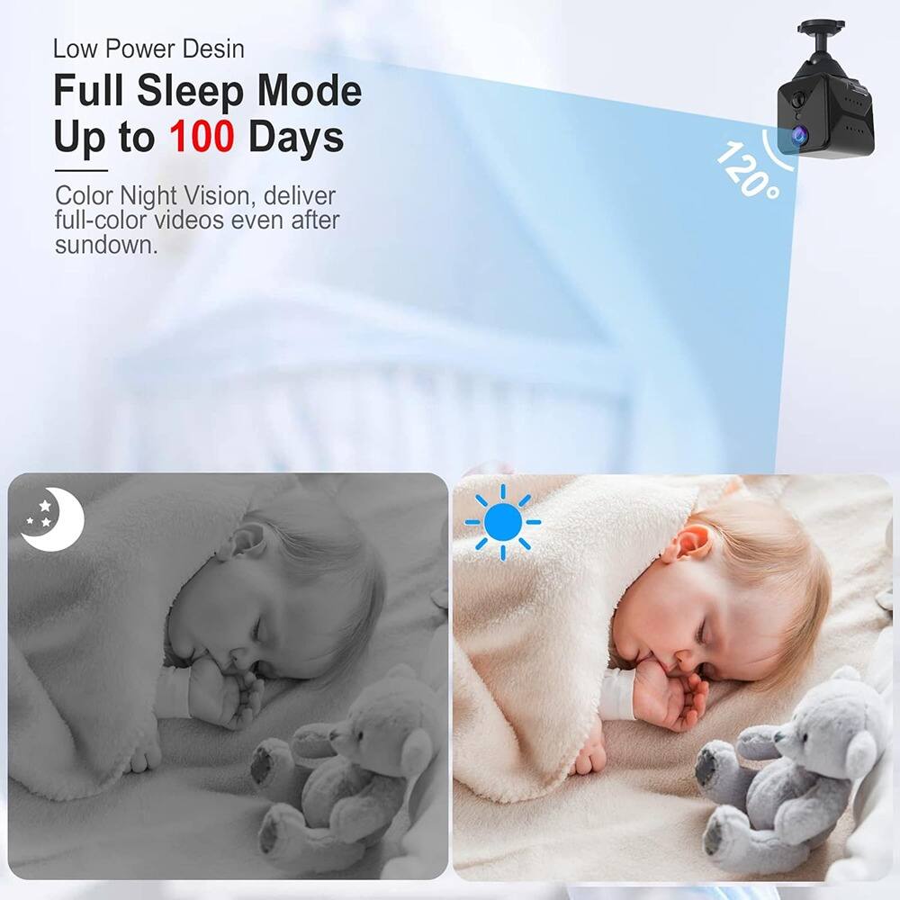 Low Power Design  
Full Sleep Mode  
Up to 100 Days  

Color Night Vision, deliver full-color videos even after sundown.  

120°
