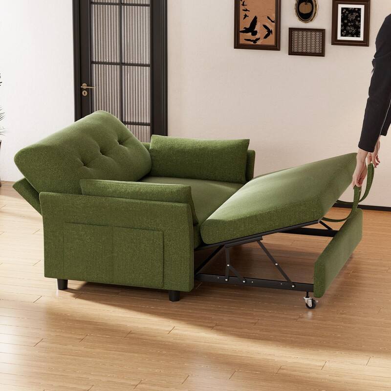 Angle. Dyonery - Dyonery 3-in-1 Pull Out Sleeper Sofa with Reclining Backrest & Side Pocket, Tool-Free Assembly, Loveseat - Green.
