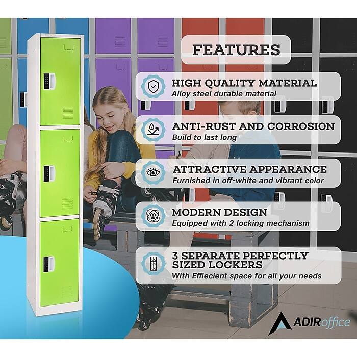 FEATURES

HIGH QUALITY MATERIAL
Alloy steel durable material

ANTI-RUST AND CORROSION
Build to last long

ATTRACTIVE APPEARANCE
Furnished in off-white and vibrant color

MODERN DESIGN
Equipped with 2 locking mechanism

3 SEPARATE PERFECTLY SIZED LOCKERS
With Efficient space for all your needs

ADIRoffice