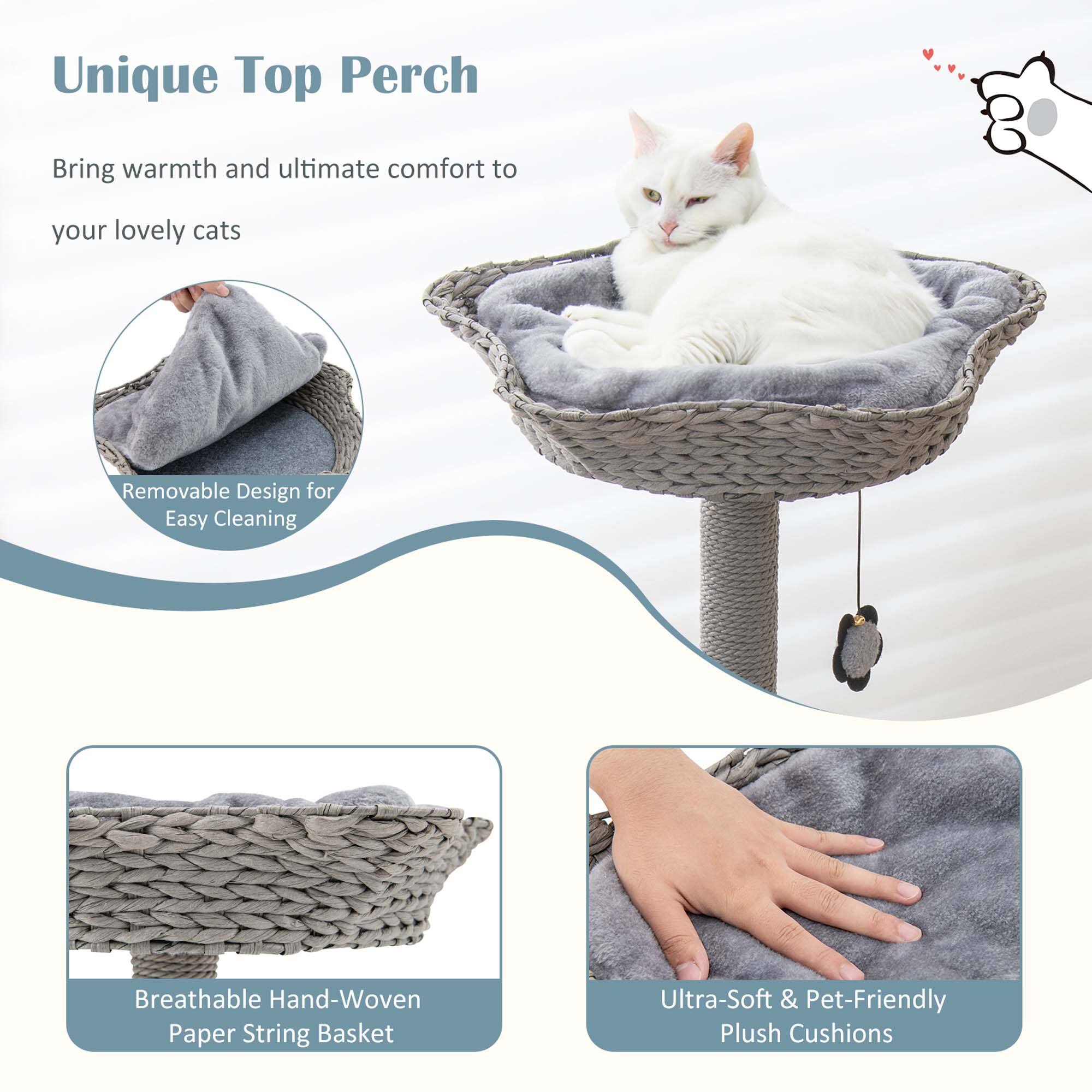 Unique Top Perch

Bring warmth and ultimate comfort to your lovely cats

Removable Design for Easy Cleaning

Breathable Hand-Woven Paper String Basket

Ultra-Soft & Pet-Friendly Plush Cushions