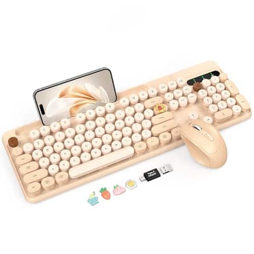 Stamp n Camp - Wireless And Mouse Combo Retro Round Keycaps Cute Full-size Typewriter With Phone Holder Sleep Mode Click Soft hz - Milk-Tea Colorful