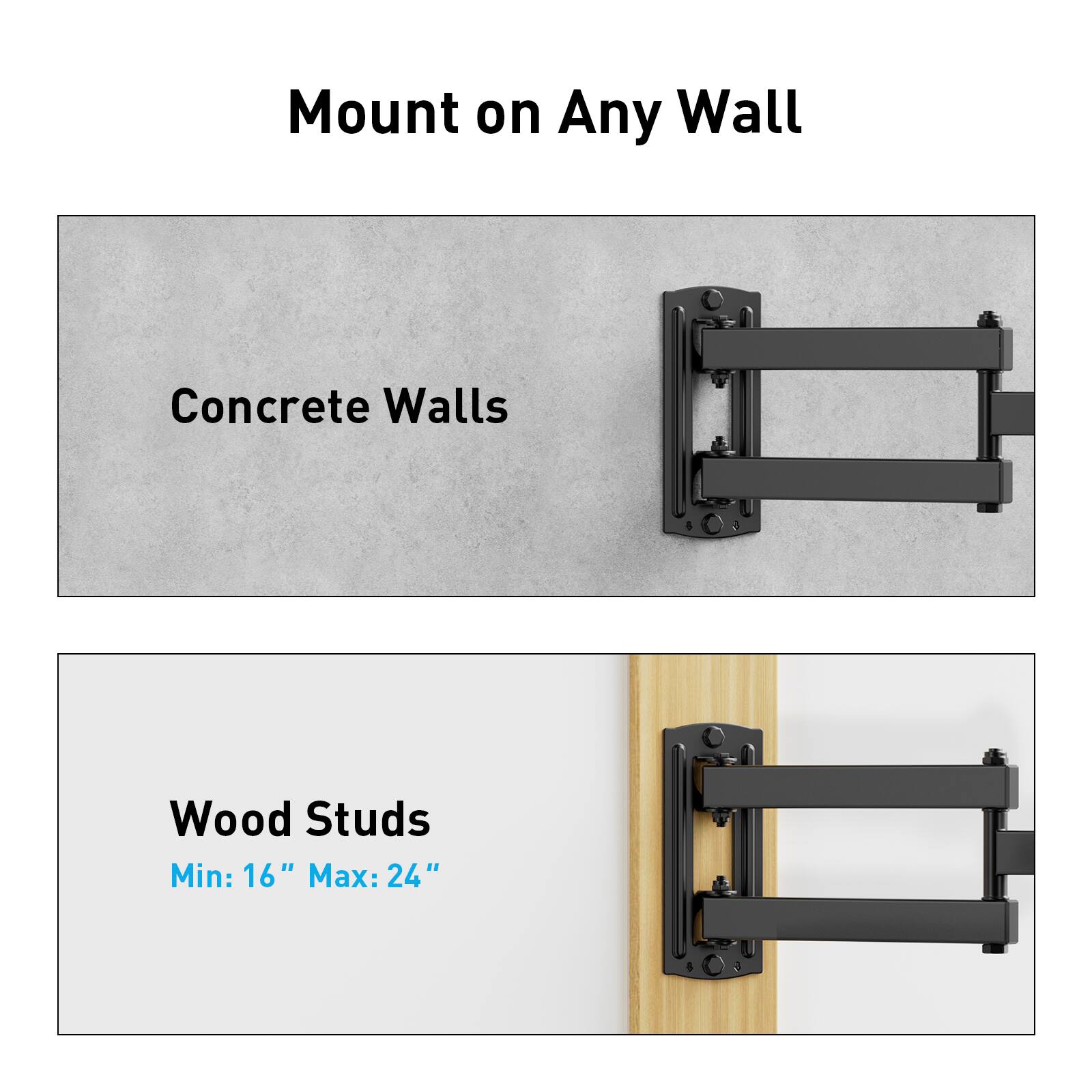Mount on Any Wall

Concrete Walls

Wood Studs  
Min: 16" Max: 24"
