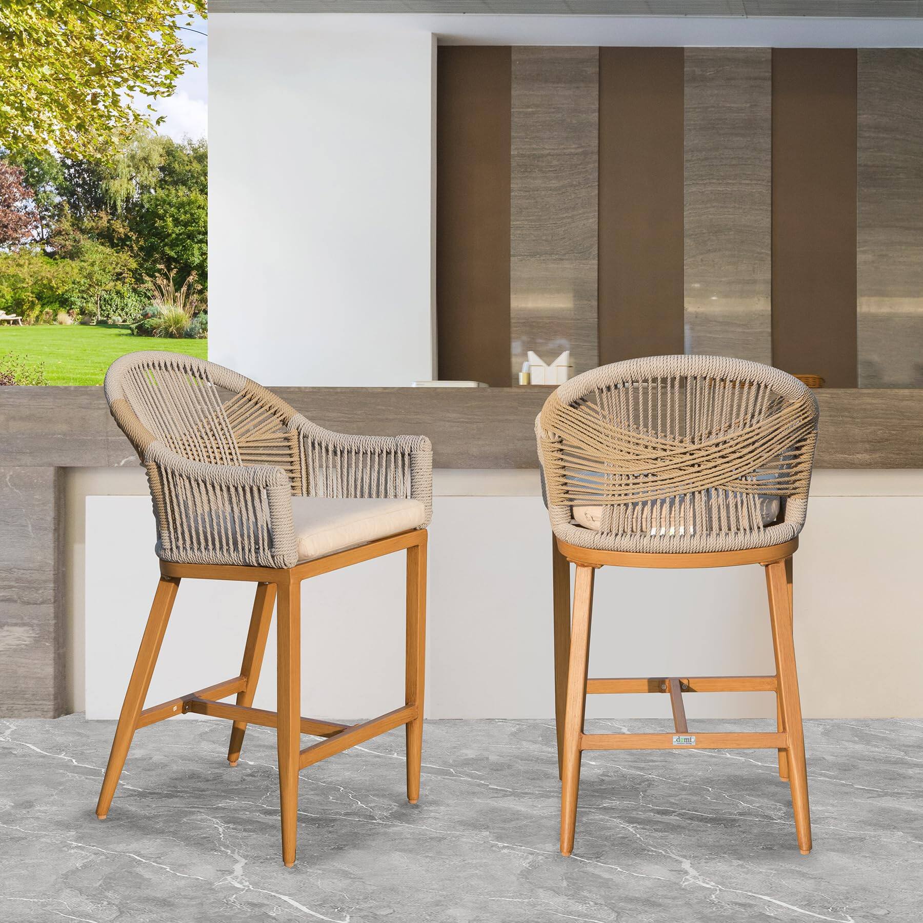 Angle. Mondawe - Bar Stools Set of 2 with Arm and Backrest - Khaki.
