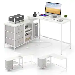 Costway - L-shaped Computer Desk with Power Outlet, Fabric Drawers, Metal Mesh Shelves - White