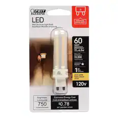 FEIT Electric LED Wall Sconce Light Bulb
Applique Murale Ampoule
60 WATT replacement
utiliser 6.5w
dure jusqu'à 10,000 heures
1 AMPOULE BULB
warm white
blanc chaud
3000K
120v
Brightness
Luminosité
750 lumens/lumens
Estimated Energy Cost
Cout énergétique anticipé
$0.78 per year/par année
MATCH BASE
BASE DE MATCH
dimmable
réglable
G9