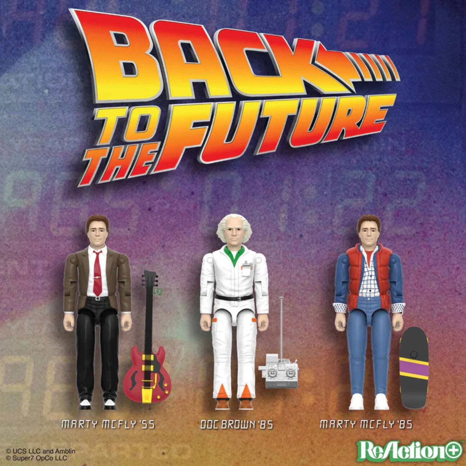 BACK TO THE FUTURE

MARTY MCFLY '55  
DOC BROWN '85  
MARTY MCFLY '85

© UCS LLC and Amblin  
© Super7 OpCo LLC

ReAction+