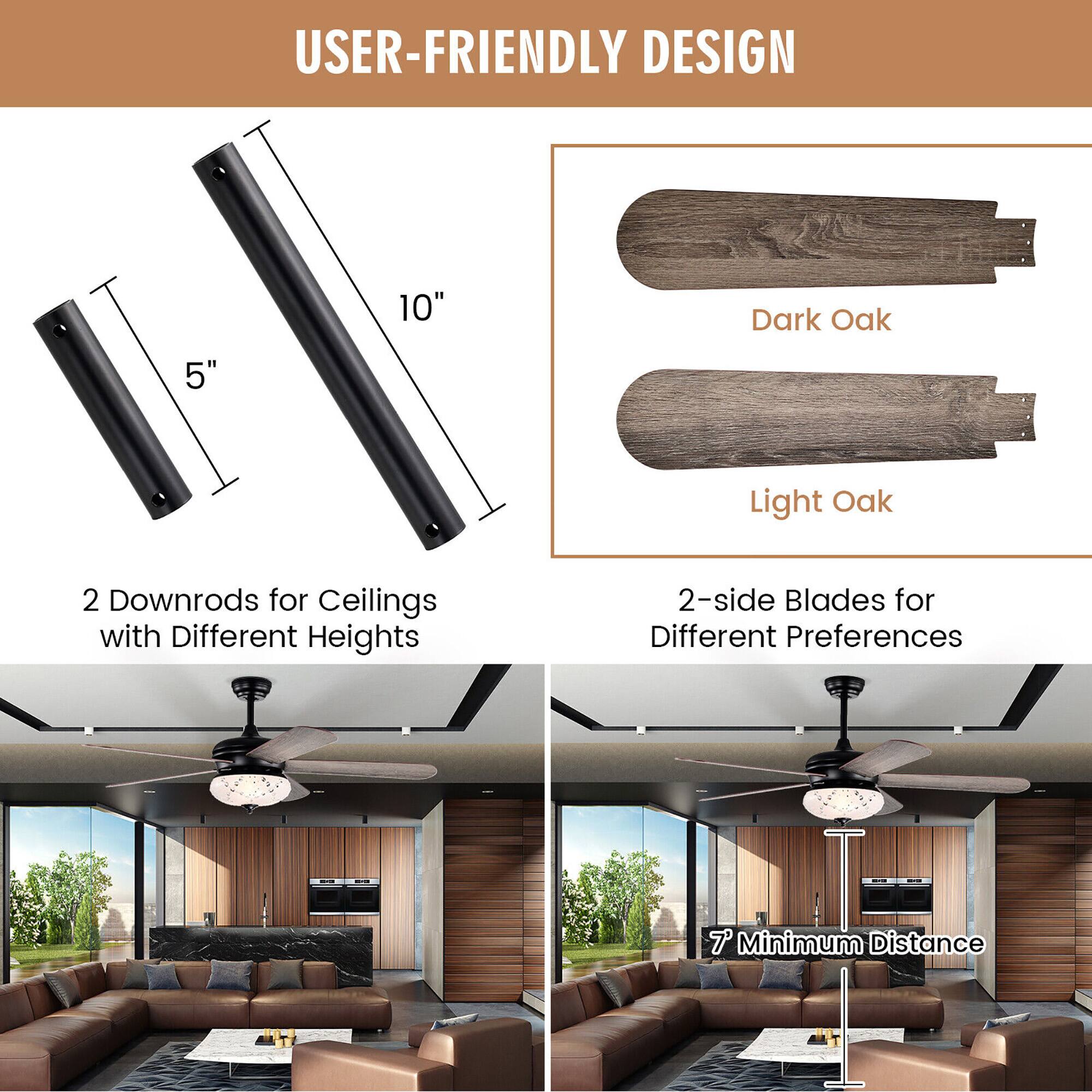 USER-FRIENDLY DESIGN

10" Dark Oak  
5" Light Oak  

2 Downrods for Ceilings with Different Heights  

2-side Blades for Different Preferences  

7" Minimum Distance