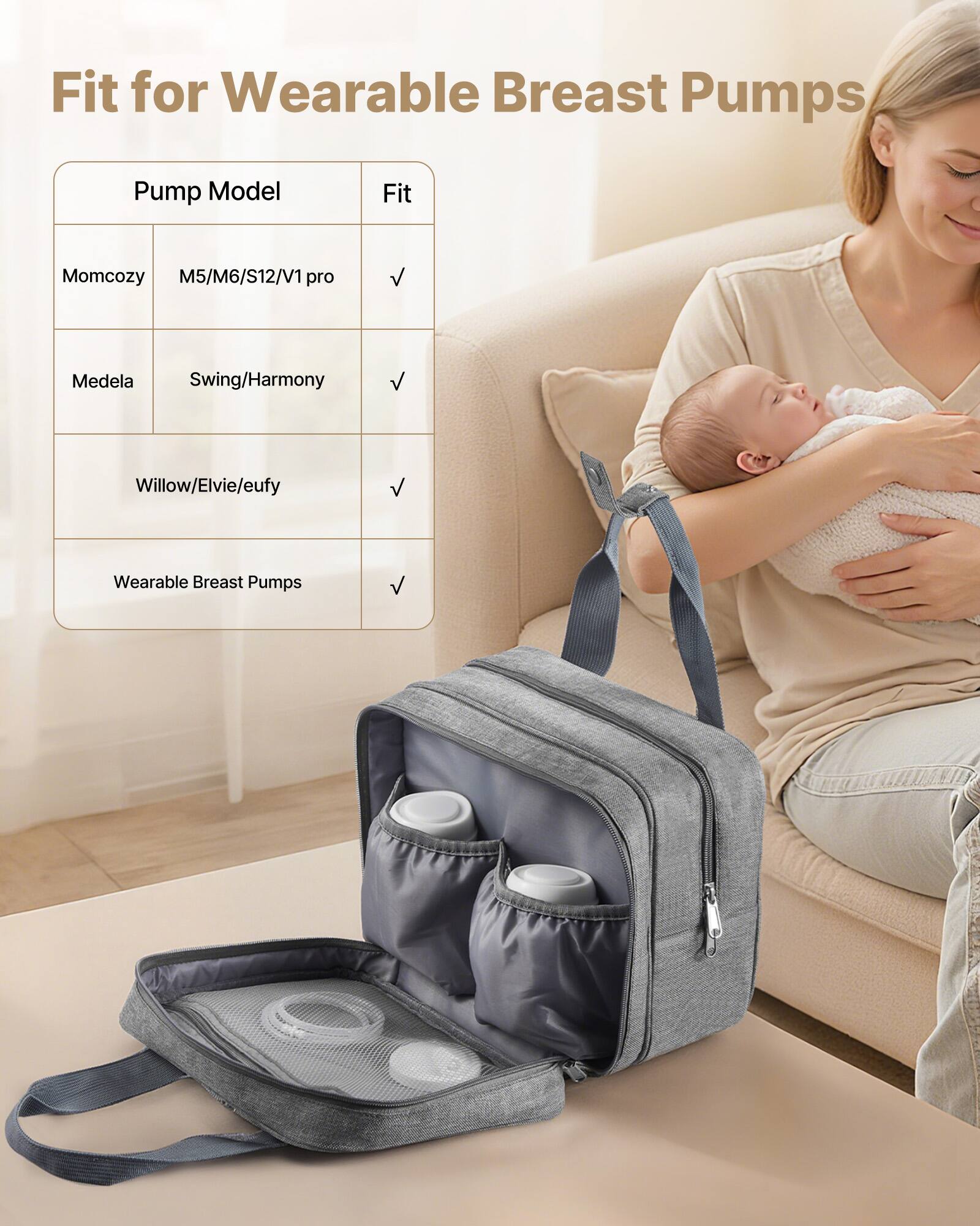 Fit for Wearable Breast Pumps

Pump Model | Fit
--- | ---
Momcozy | M5/M6/S12/V1 pro
Medela | Swing/Harmony
Willow/Elvie/eufy | 
Wearable Breast Pumps |