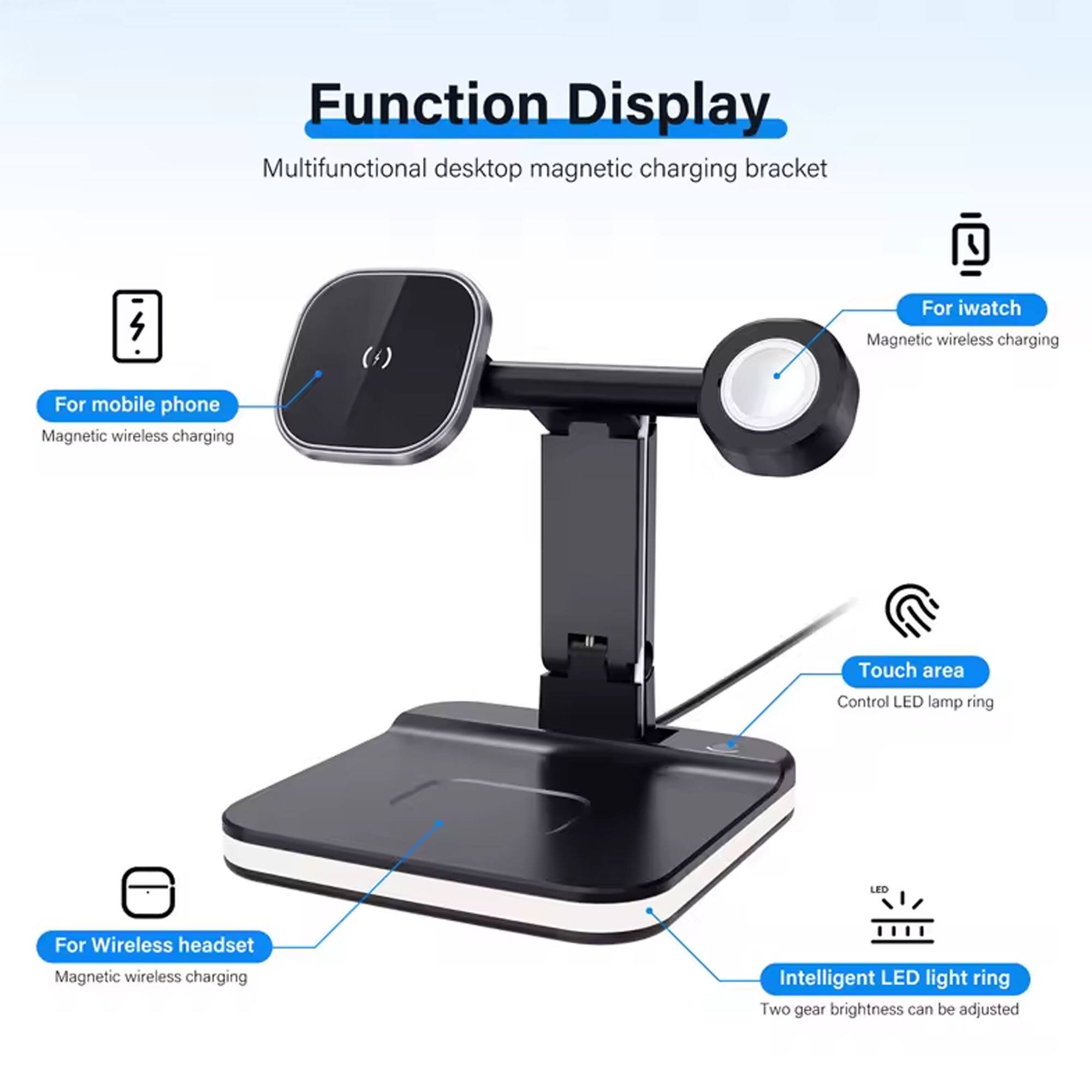 Function Display  
Multifunctional desktop magnetic charging bracket  

- For mobile phone  
  Magnetic wireless charging  

- For iwatch  
  Magnetic wireless charging  

- For Wireless headset  
  Magnetic wireless charging  

- Touch area  
  Control LED lamp ring  

- Intelligent LED light ring  
  Two gear brightness can be adjusted