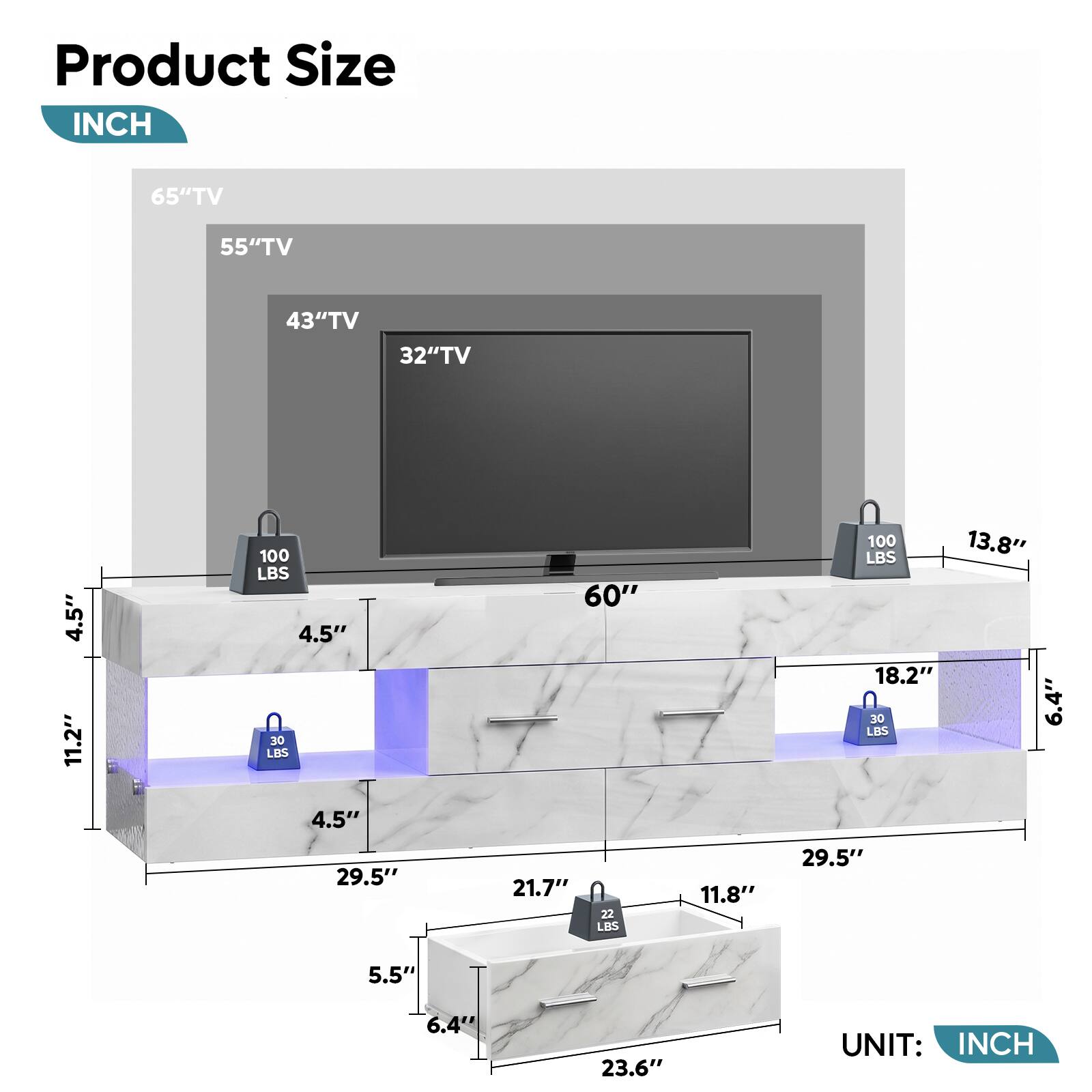 Bestier 60 Inch Gaming TV Stand for TVs up to 65 Inch Glossy Media ...