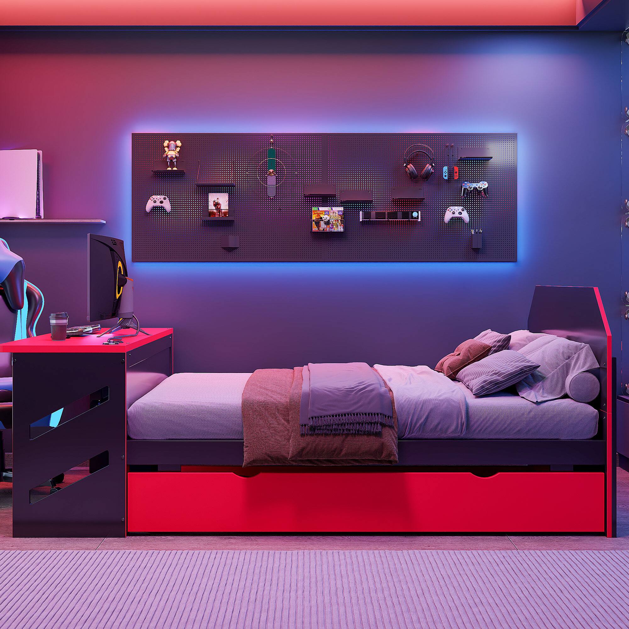 Angle. Anysun - Full Size Wood Daybed with Twin Size Trundle,Desk and USB - Red.