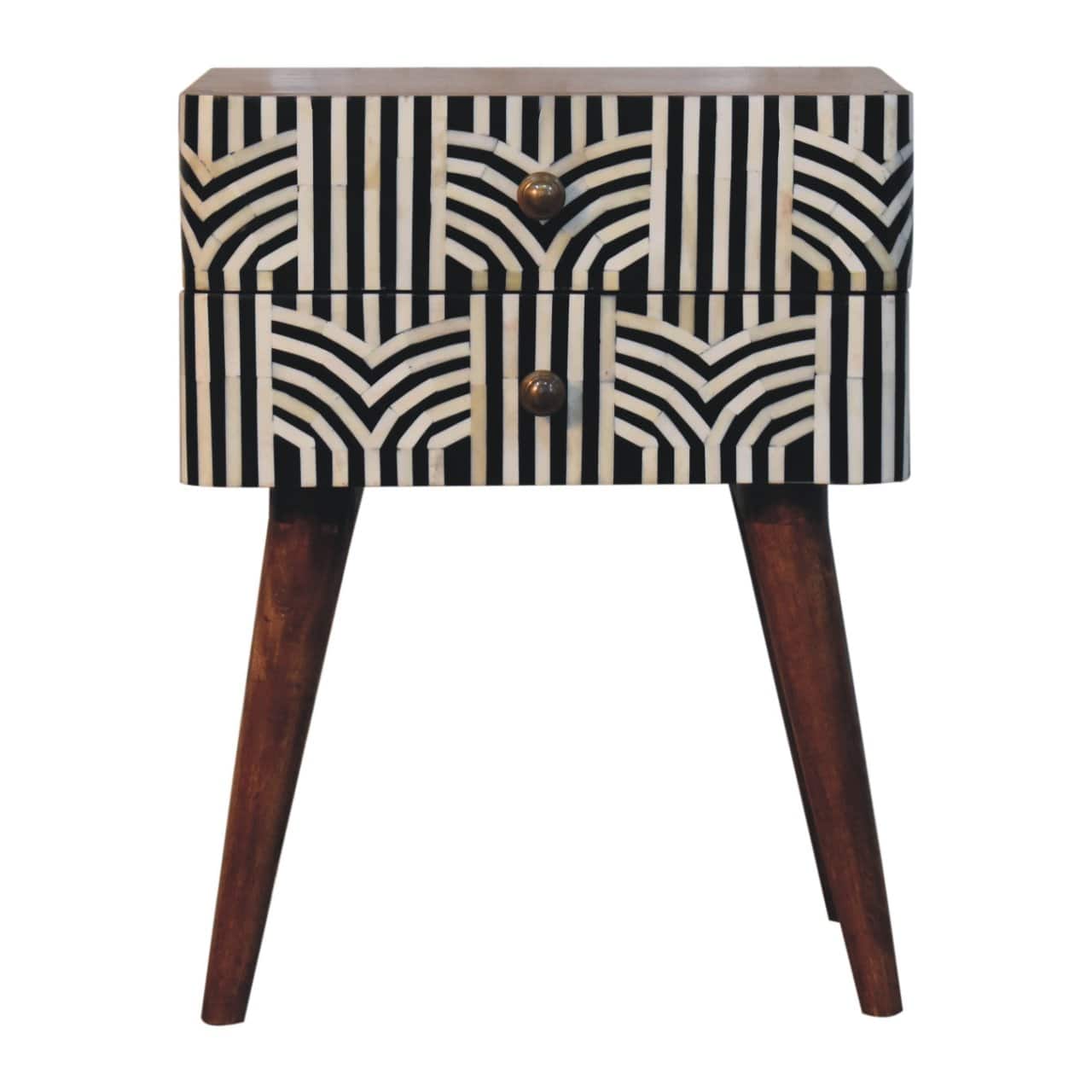 Artisan Furniture - Solid Wood Honey Edessa Bone Inlay Bedside, 2 Drawers, Nordic Legs, Black and White - Caramel