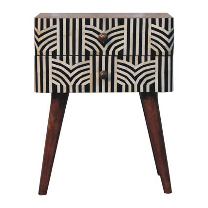 Front. Artisan Furniture - Artisan Furniture Solid Wood Honey Caramel Edessa Bone Inlay Bedside, 2 Drawers, Nordic Legs, Black and White - Caramel.