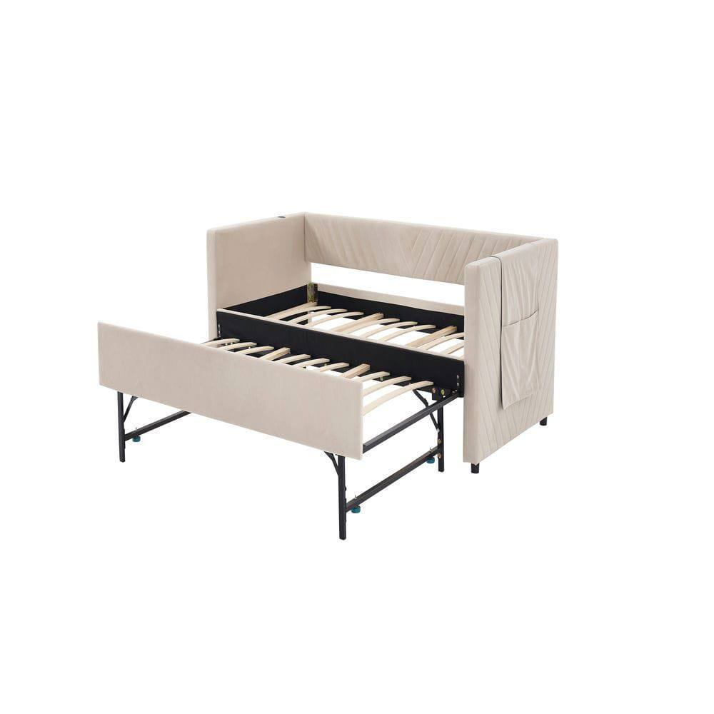 Alt View 1. Kadyn - Twin Upholstered Daybed with Trundle, USB Port & Side Pockets, Modern V-Grain Backrest, No Box Spring - Beige.