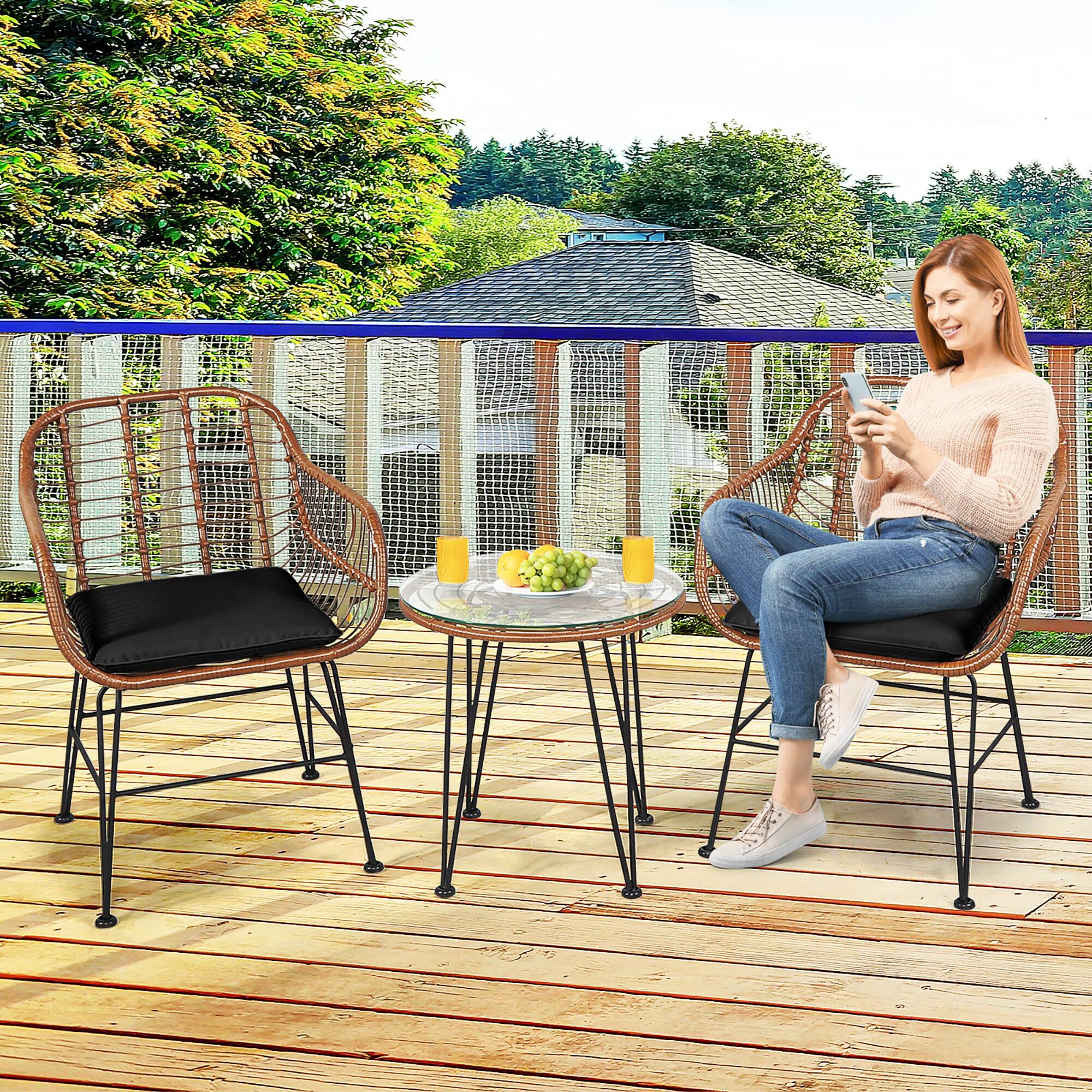 Alt View 3. Gymax - Gymax 3PCS Rattan Patio Conversation Set Bistro Chat Set w/ Black Cushion - Black.