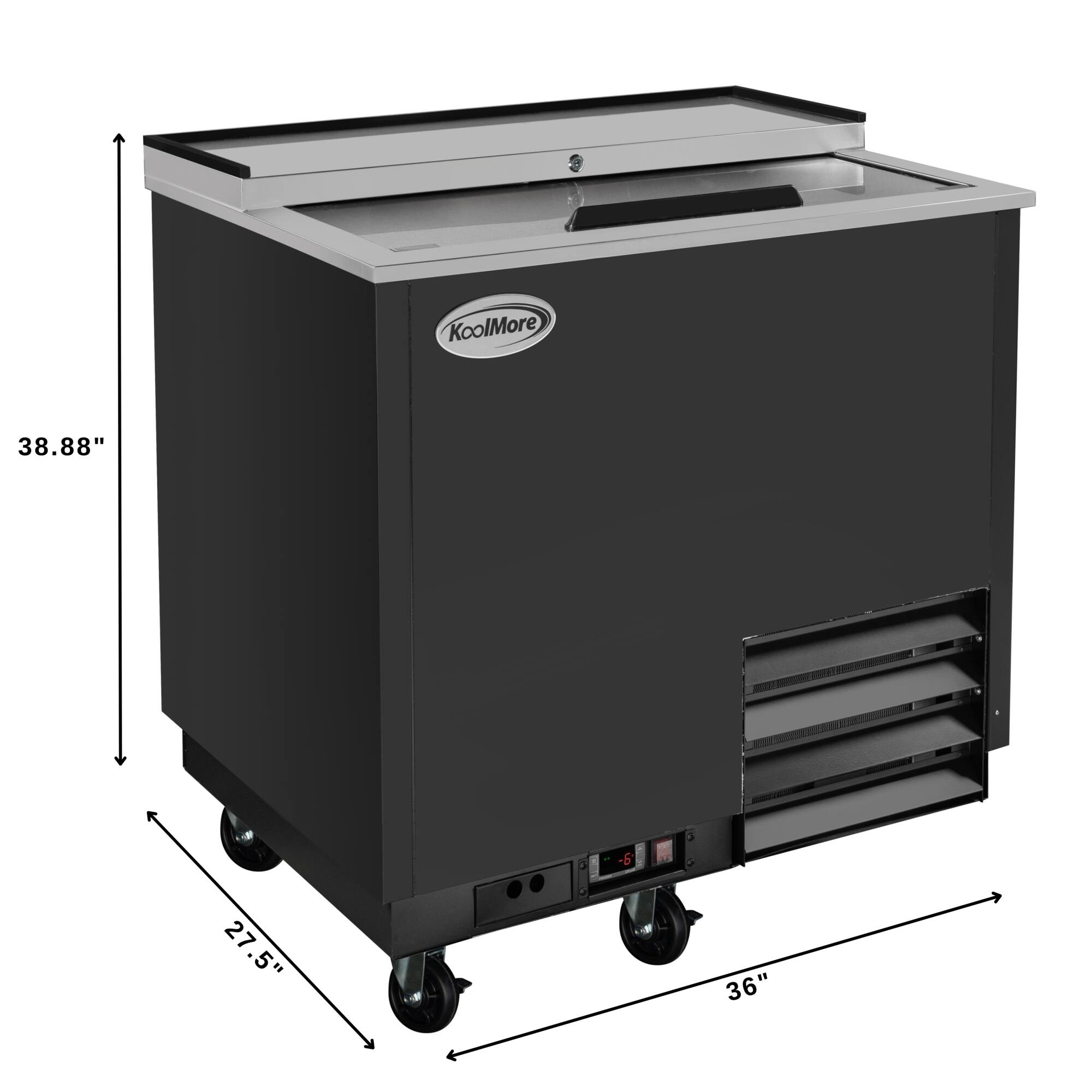 The text on the image reads "KoolMore 38.88" -6 27.5" 27 .5" 36". This information is likely related to the dimensions of the black cooler or freezer. The dimensions provided are: 38.88 inches in height, 6 inches in width, 27.5 inches in depth, and 36 inches in width.