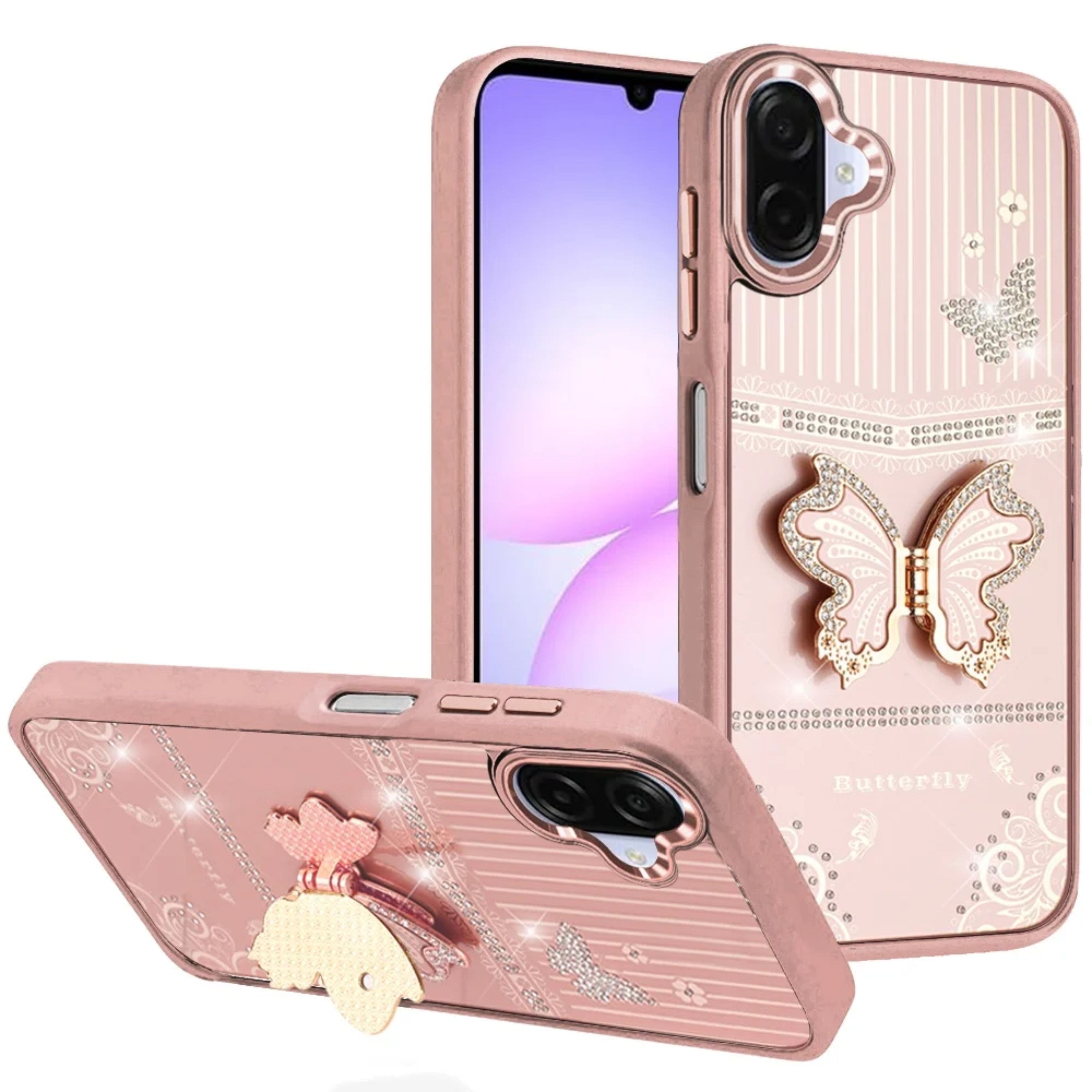 Kitcheniva - 3D Butterfly Bling Charm Stand Phone Case With Tempered Glass For Samsung Galaxy A07 - Rose Gold price history on PriceWatchPro