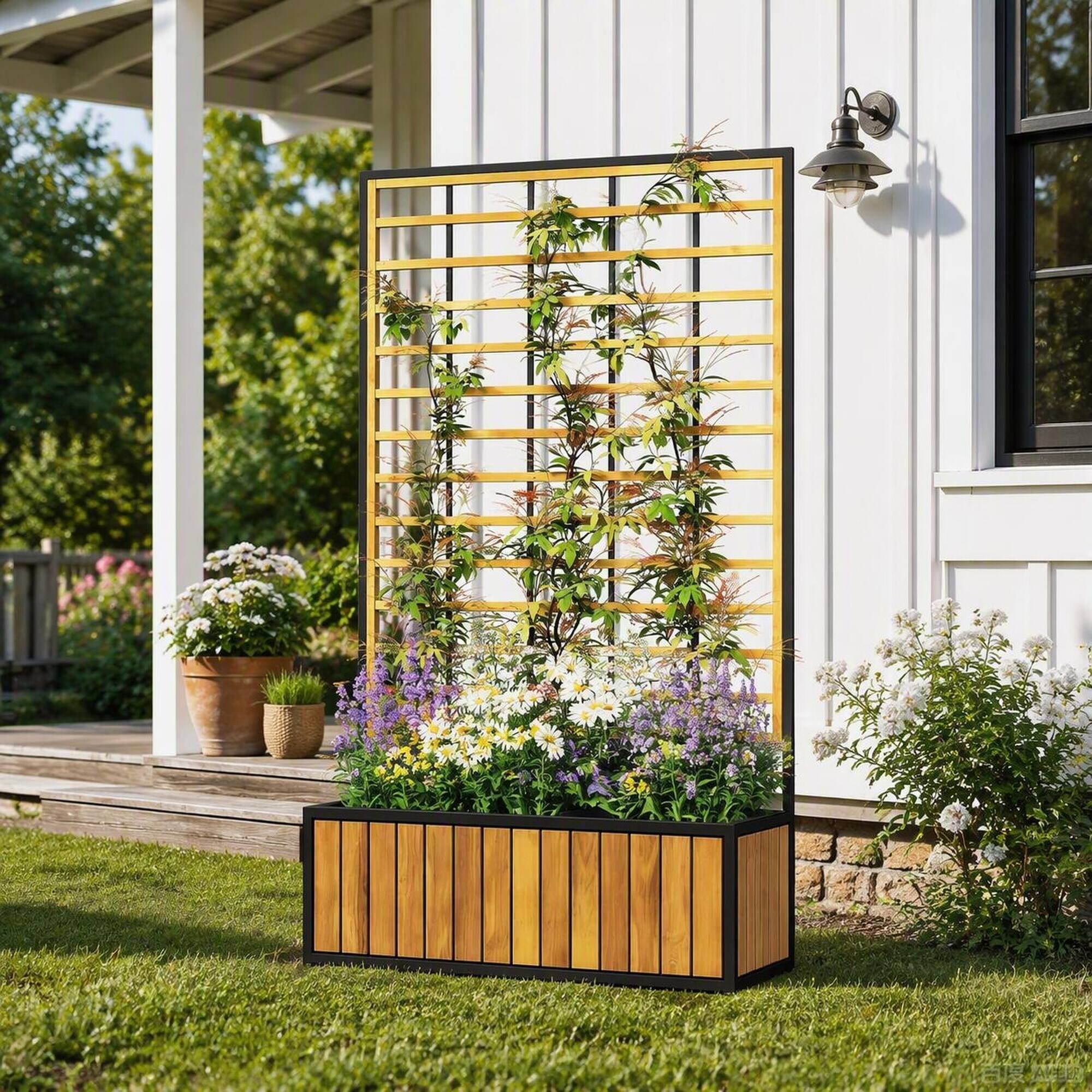 Angle. RYHNUYNE - Natural Acacia Wood Raised Garden Bed with Trellis and Three Planters, 29.1 by 51.6 Inch, Teak and Black - Teak.