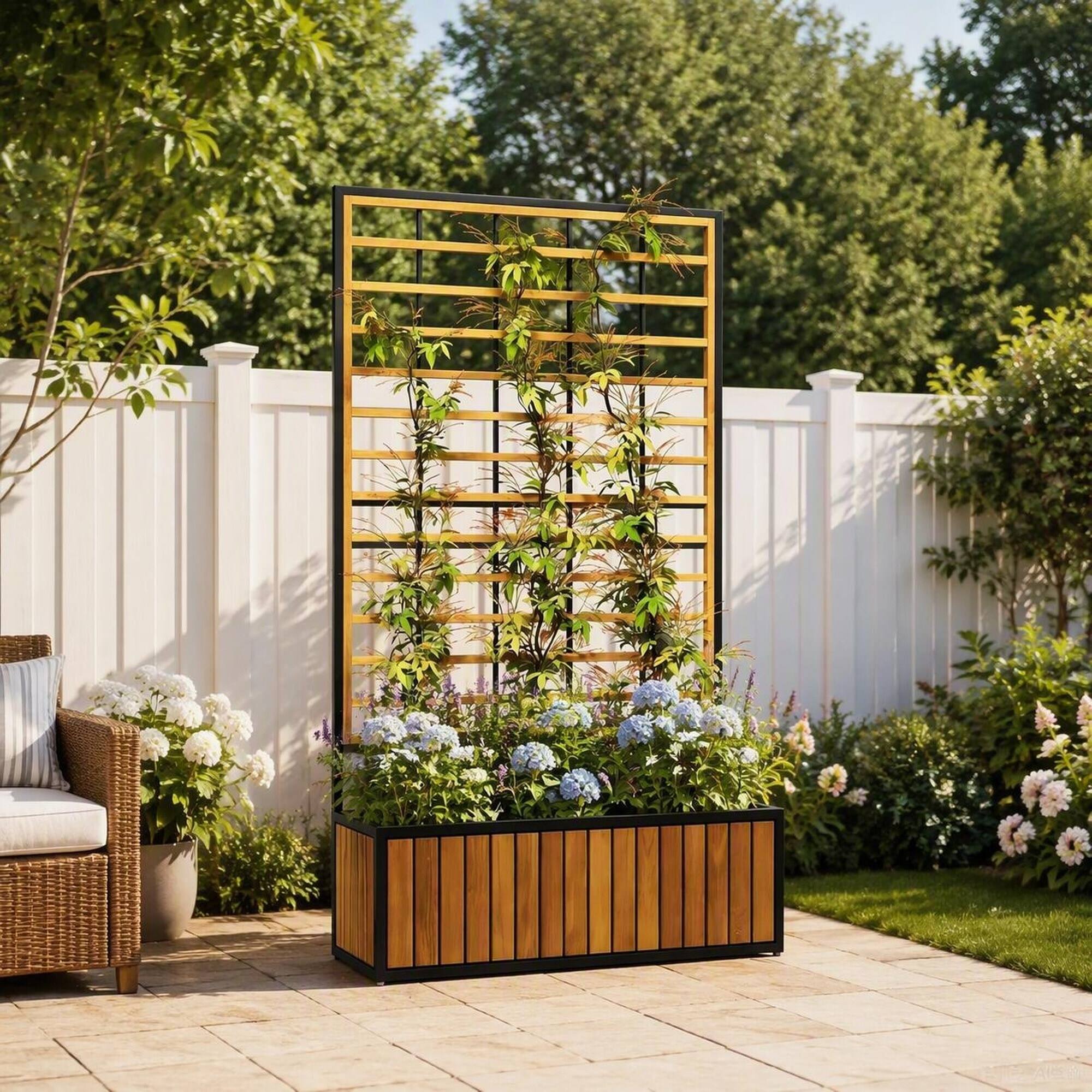 Back. RYHNUYNE - Natural Acacia Wood Raised Garden Bed with Trellis and Three Planters, 29.1 by 51.6 Inch, Teak and Black - Teak.