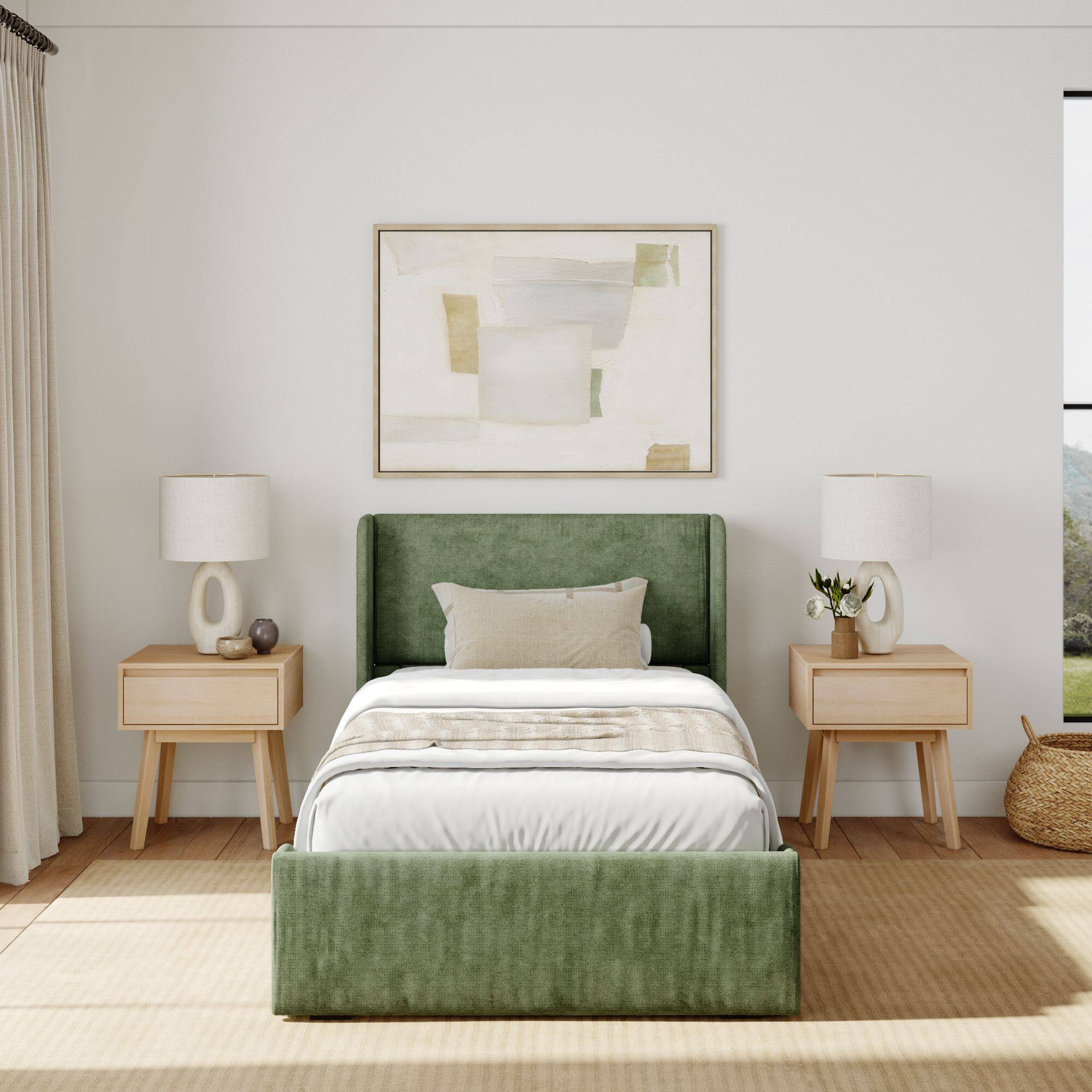Alt View 1. Plank+Beam - Upholstered Bed with Rectangular Headboard (Twin), Green - Green.