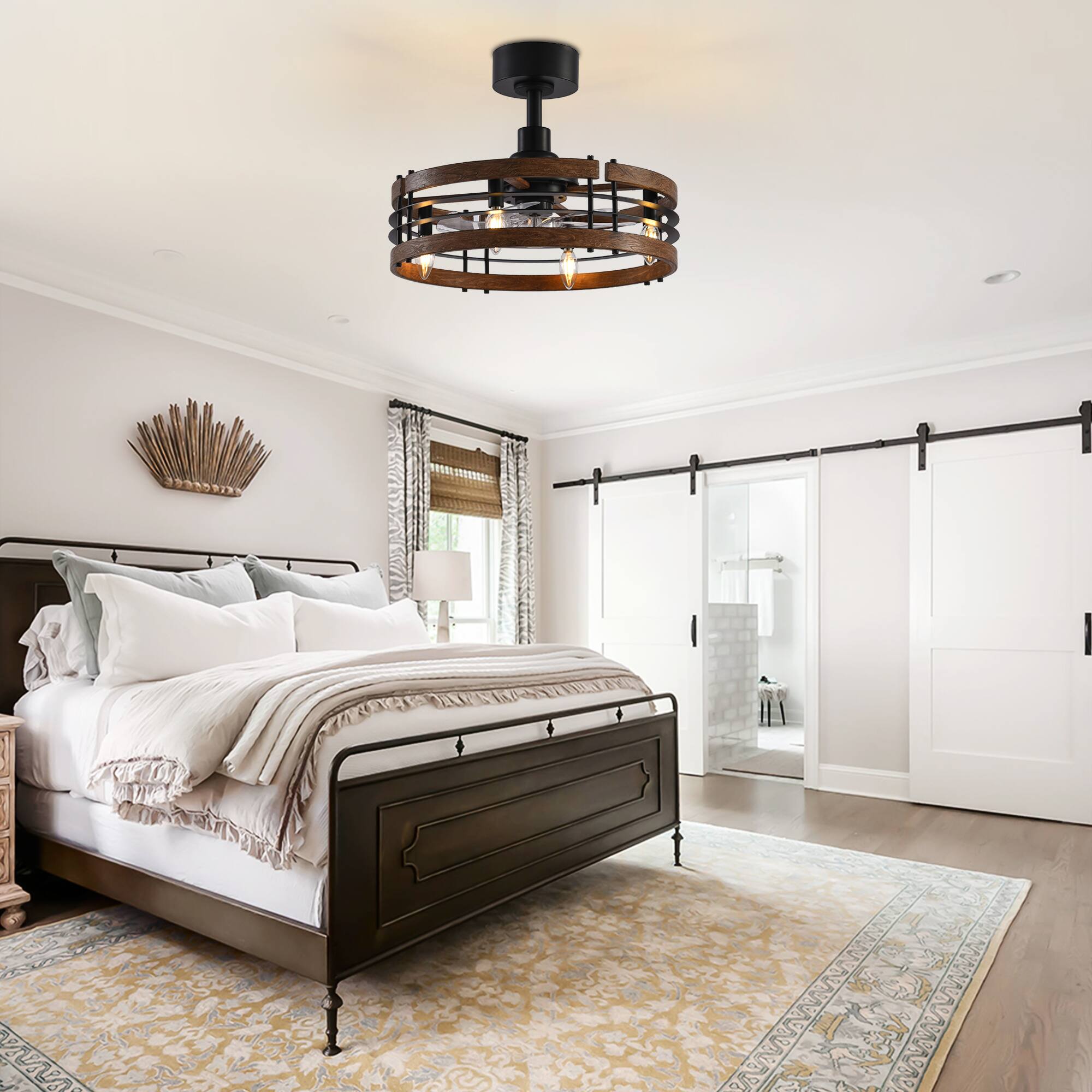 Alt View 1. Breezary - 20-Inch Cage Ceiling Fan with E12 Lights, 5-Blade DC Motor, 6-Speed Remote, Downrod Mount, Timer - 20-inch black.