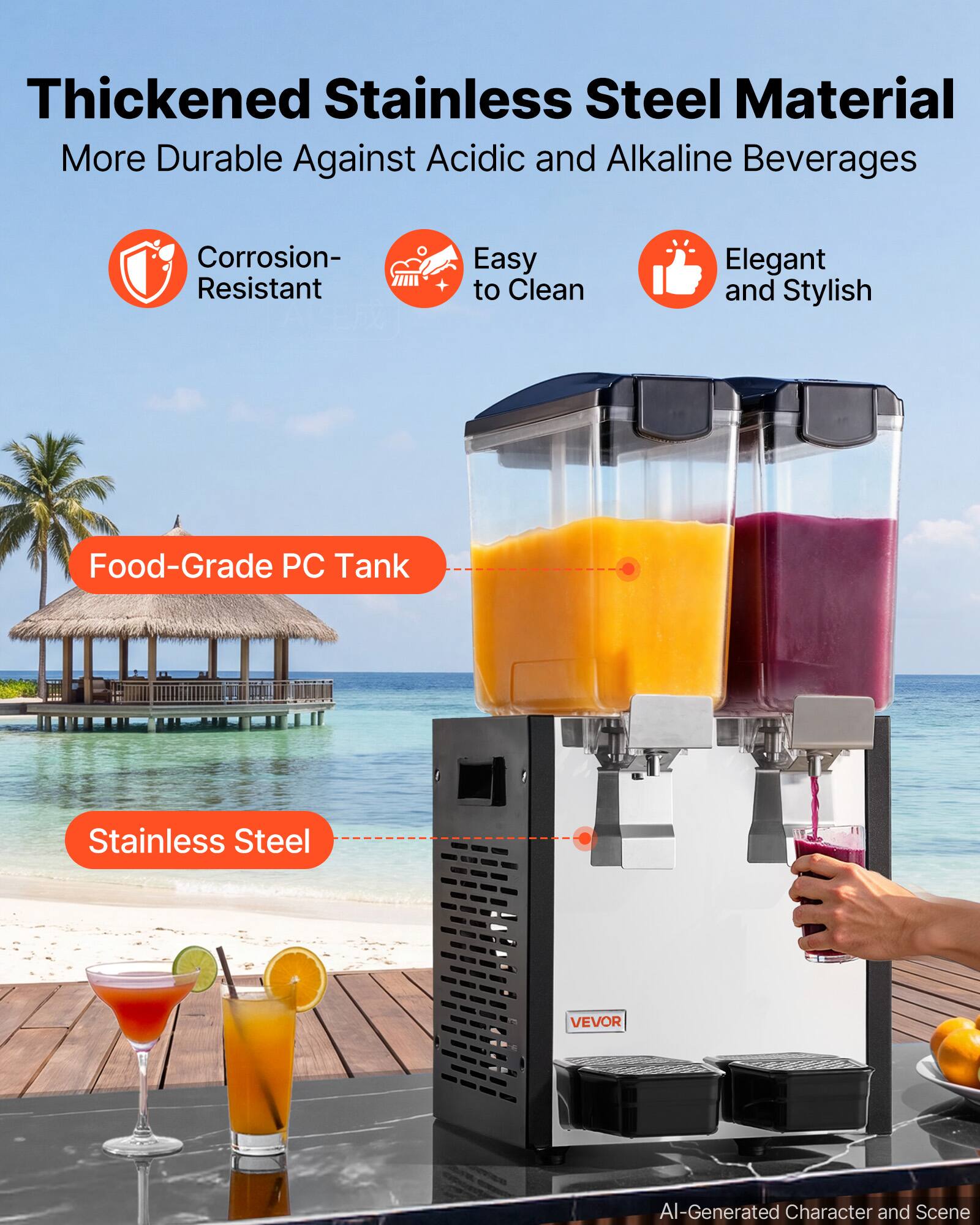 Thickened Stainless Steel Material  
More Durable Against Acidic and Alkaline Beverages  

- Corrosion-Resistant  
- Easy to Clean  
- Elegant and Stylish  

Food-Grade PC Tank  
Stainless Steel  

VEVOR  

AI-Generated Character and Scene