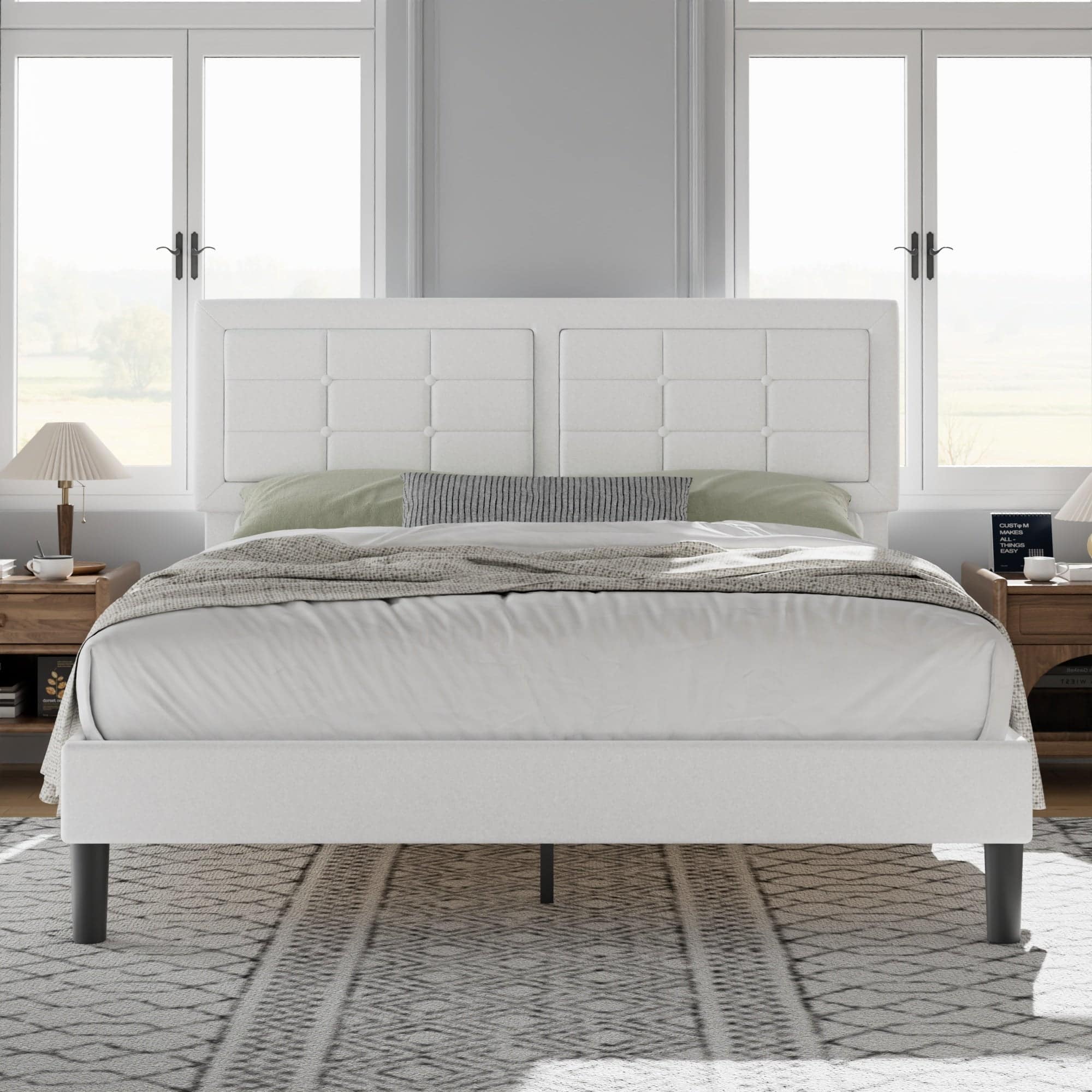 Vecelo - Modern Queen Upholstered Bed Frame with Adjustable Headboard, Linen Tufted Platform Bed, Noise-Free Design - White