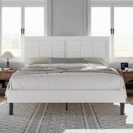 Vecelo - Modern Queen Upholstered Bed Frame with Adjustable Headboard, Linen Tufted Platform Bed, Noise-Free Design - White