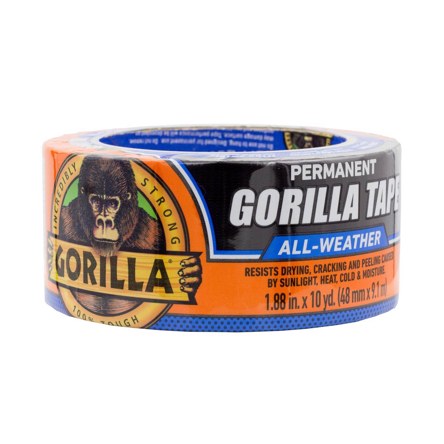 PERMANENT INCREDIBLY STRONG GORILLA TAPE ALL-WEATHER RESISTS DRYING, CRACKING AND PEELING CAUSED BY SUNLIGHT, HEAT, COLD & MOISTURE. 1.88 in. x 10 yd. (48 mm x 9.1 m) 100% TOUGH