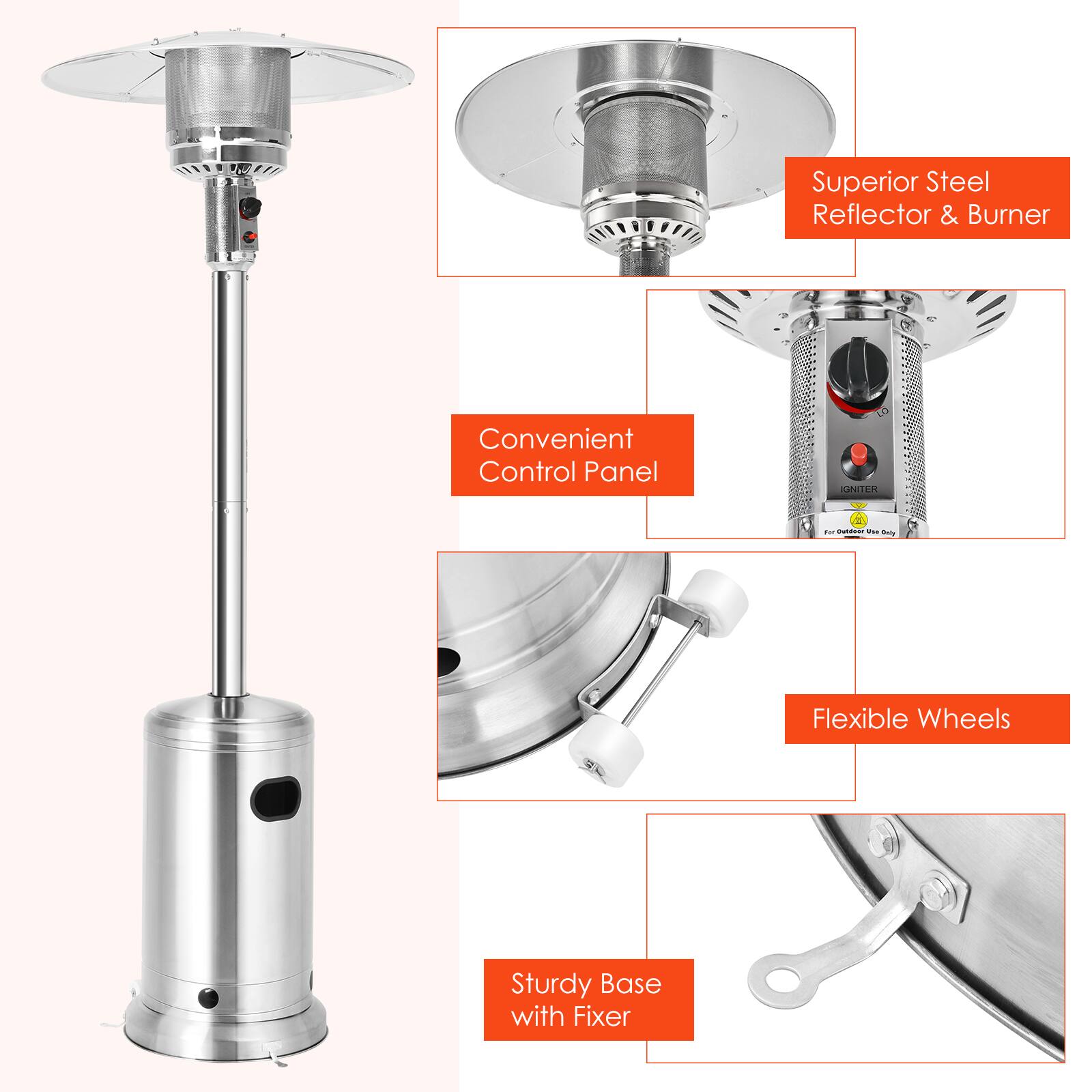 Superior Steel Reflector & Burner  
Convenient Control Panel  
IGNITER  
Flexible Wheels  
Sturdy Base with Fixer
