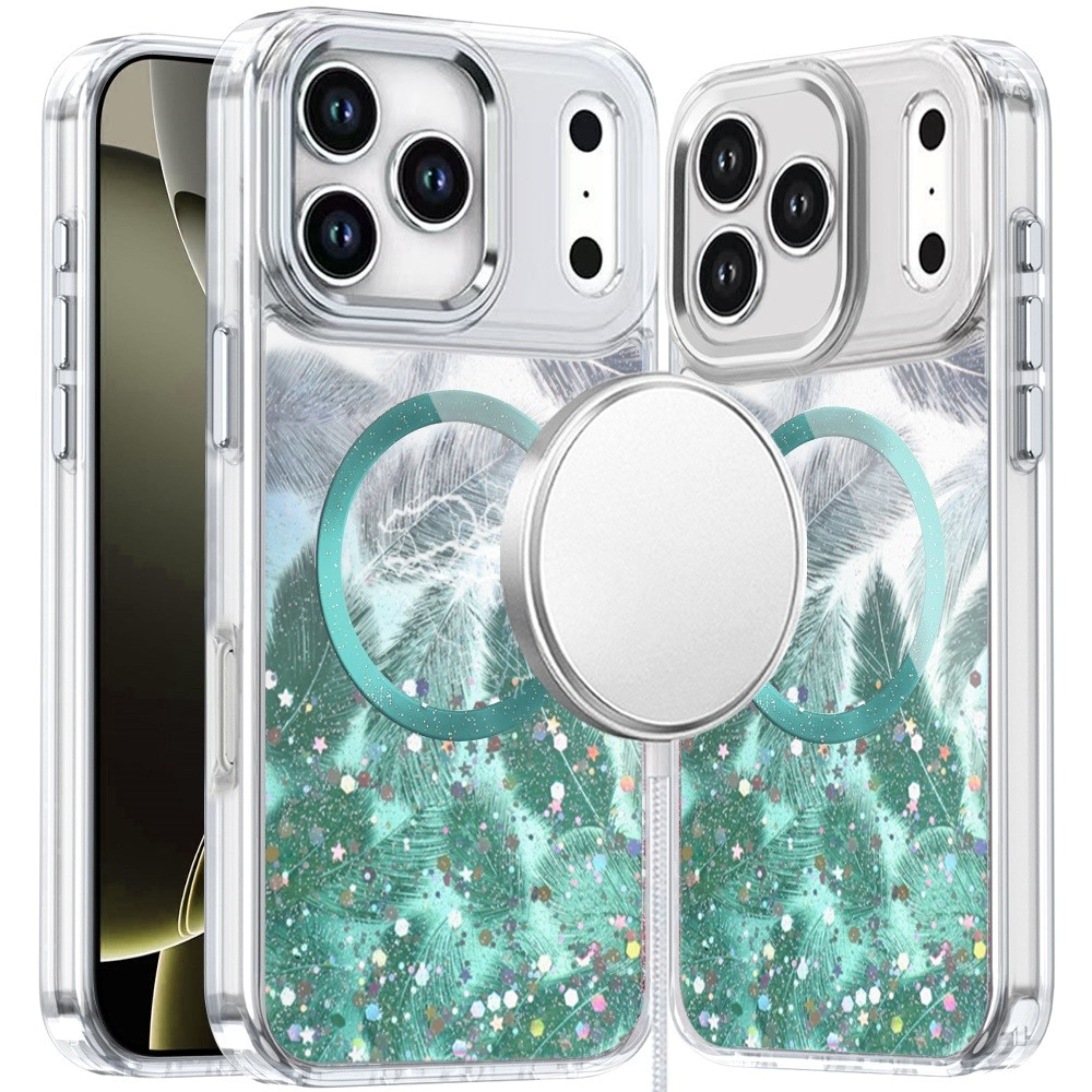 Kitcheniva - Feathers Glitter Magnetic Circle Phone Case With Tempered Glass For iPhone 17 Pro Max - Light Green price history on PriceWatchPro