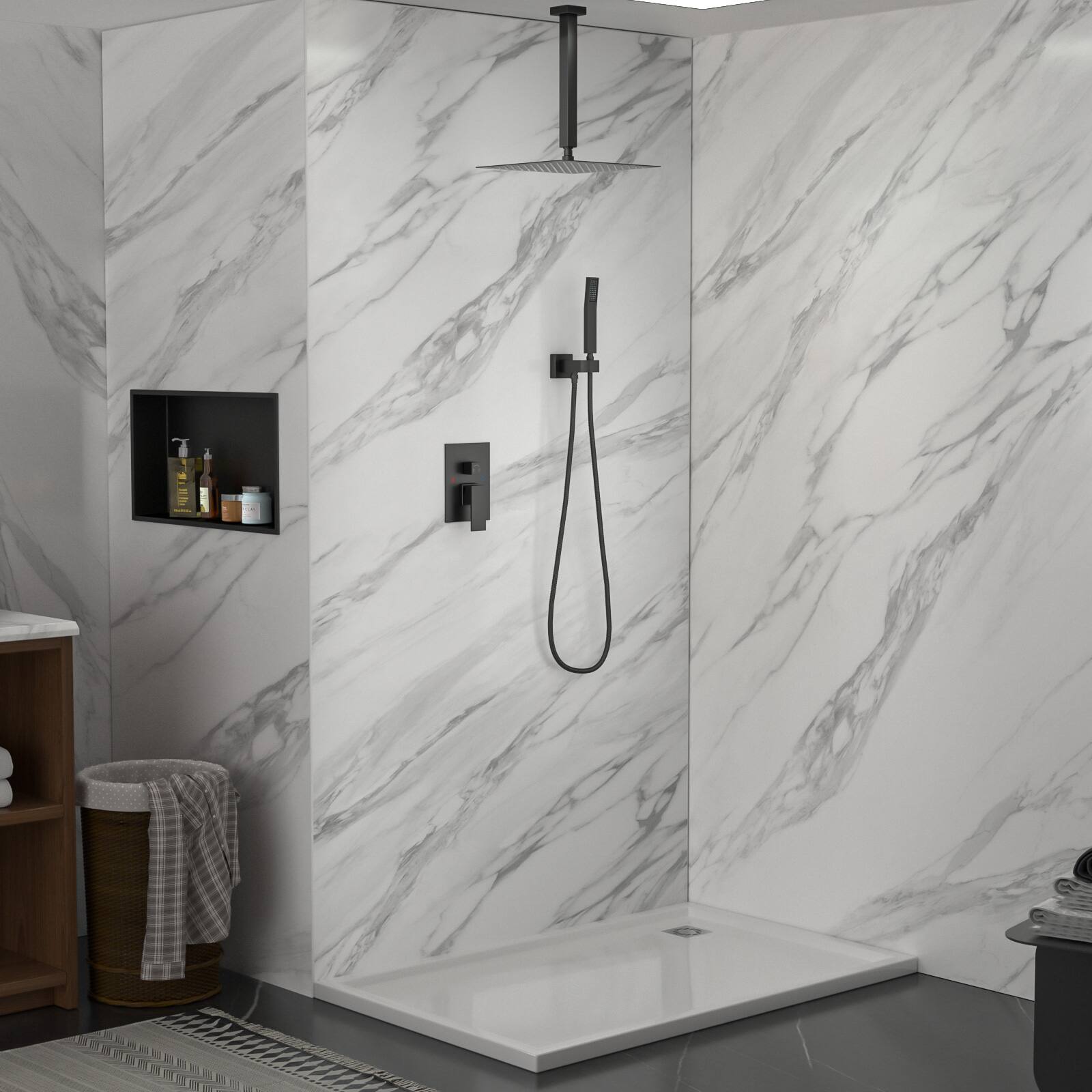 Left. Lordear - Dual Shower Head - 10 Inch Ceiling Mount Square Shower System with Rough-in Valve,Matte black - Matte Black.