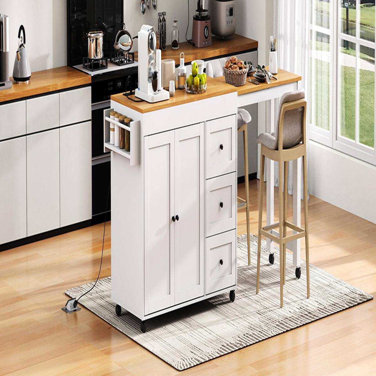 Angle. Loheer - Loheer 74.8" Kitchen Island with Extendable Dining Table, White Kitchen Storage Cart with 3 Drawers & Power Outlet - White.