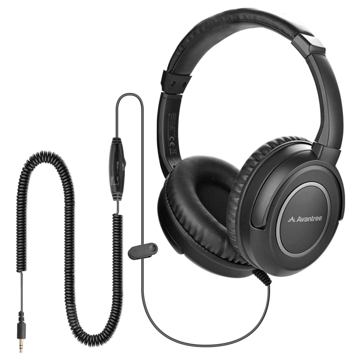 Avantree - HF039 Long Coiled Cord Headphones for TV and PC with Volume Control, Stero/Mono Control,16.4 Feet / 5M