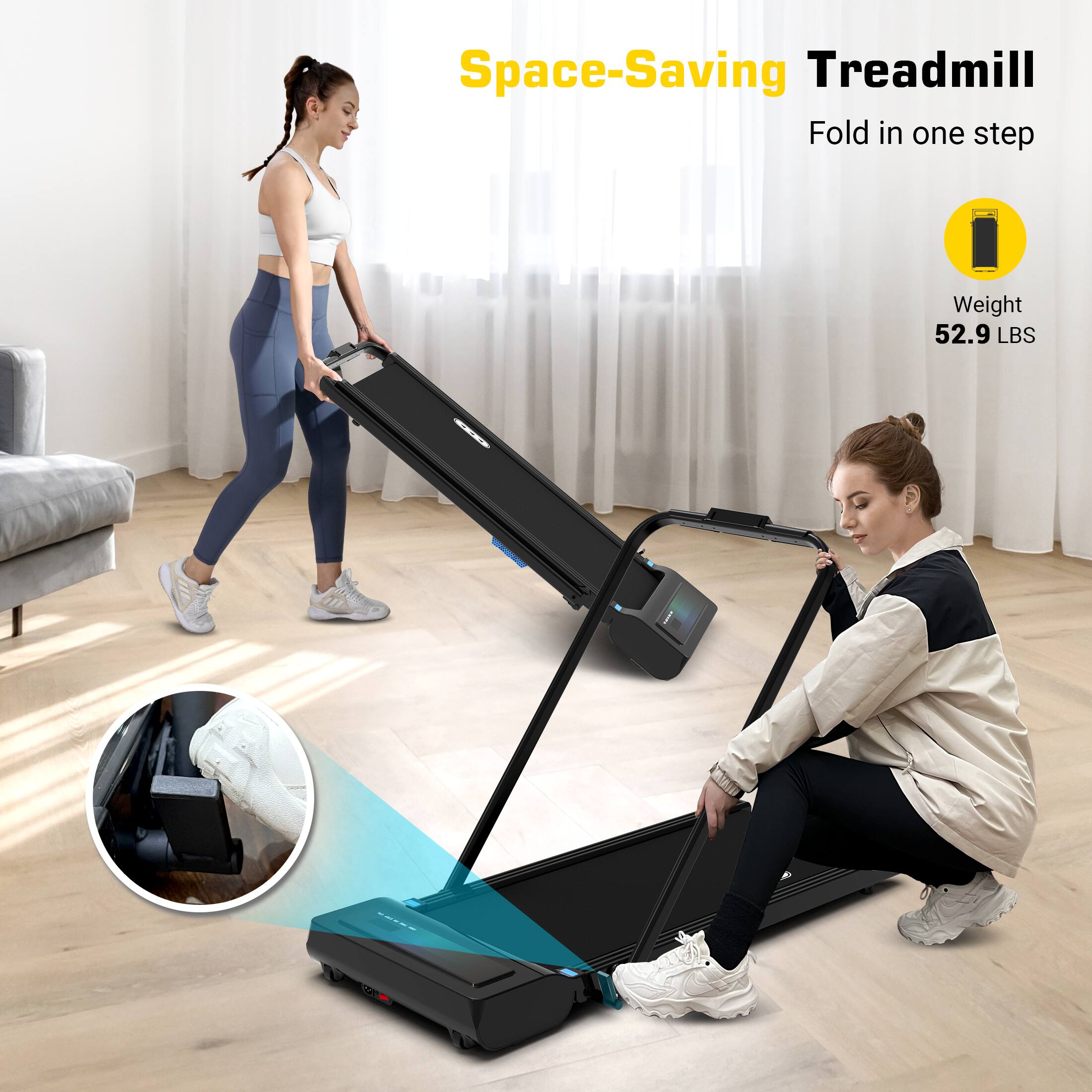 Space-Saving Treadmill, Fold in one step, Weight 52.9 LBS